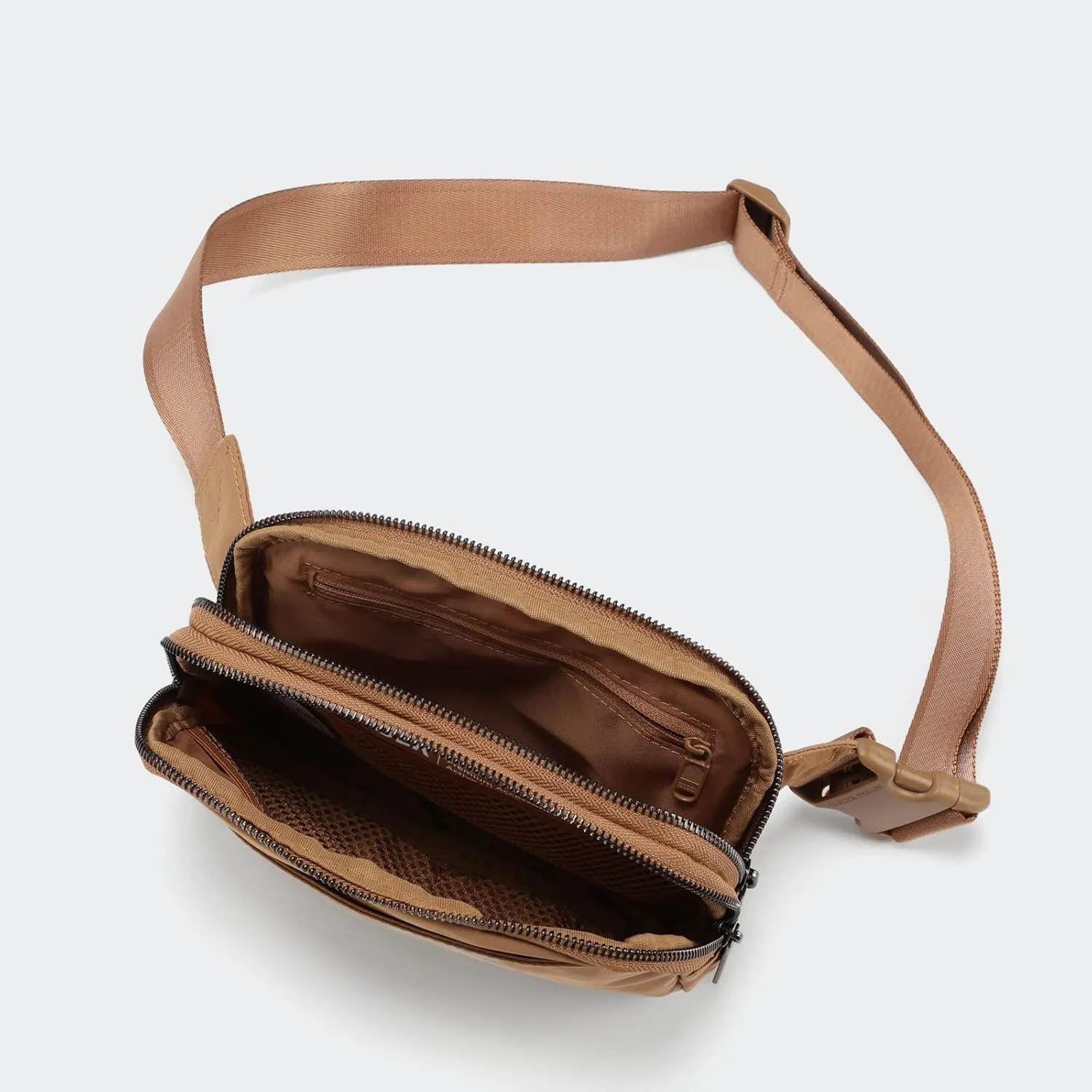 Pander Everywhere Belt Bag for Women, 5 Zipper Pockets Nylon Crossbody Fanny Pack Purse (Caramel Burnt).