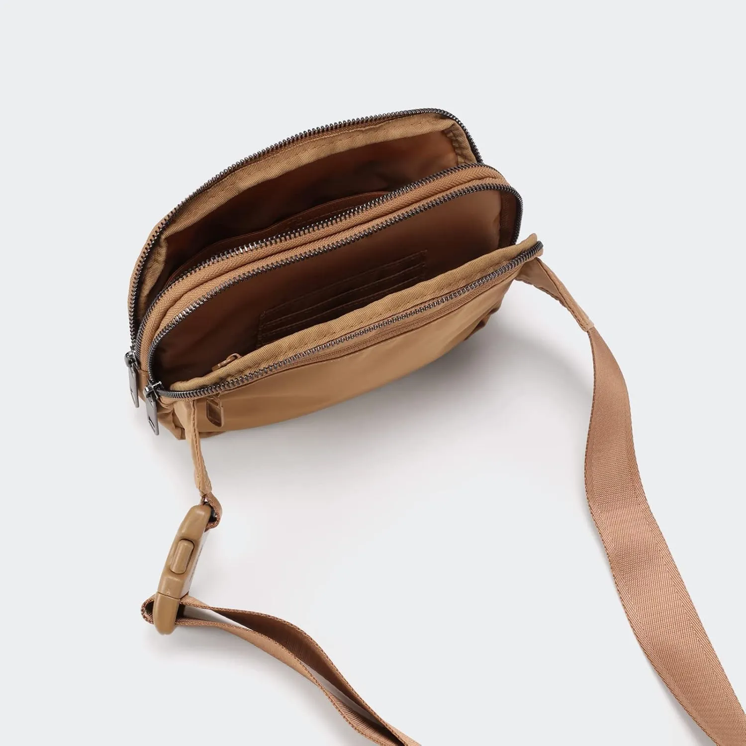 Pander Everywhere Belt Bag for Women, 5 Zipper Pockets Nylon Crossbody Fanny Pack Purse (Caramel Burnt).