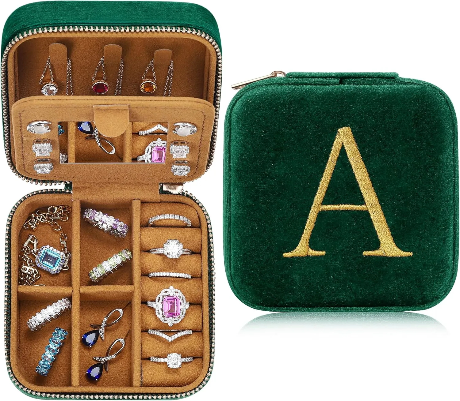 Parima Gifts for Her - Gifts for Women, Plush Velvet Travel Jewelry Case, Small Jewelry Box, Birthday Gift for Women Her, Personalized Gifts - Letter A, Green