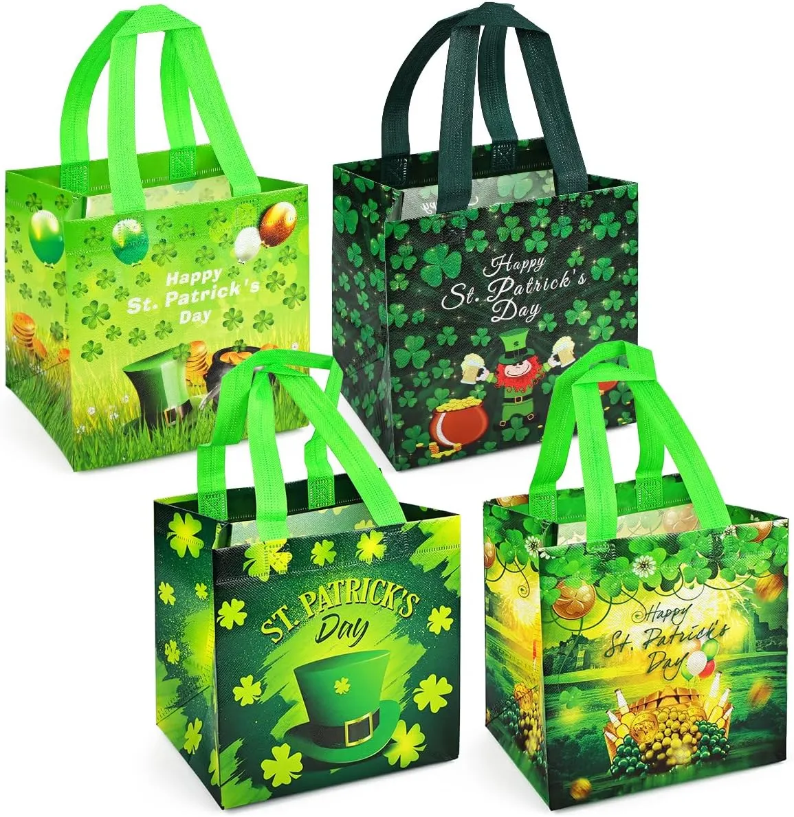 PARSUP 4PCS St Patricks Day Reusable Gift Bags, Irish Treat Bags with Handles, Saint Patrick's Day Party Bags, Multifunctional Non-Woven Bags for Gifts Wrapping, Irish Party Supplies, 7.9"×7.9"×5.9"