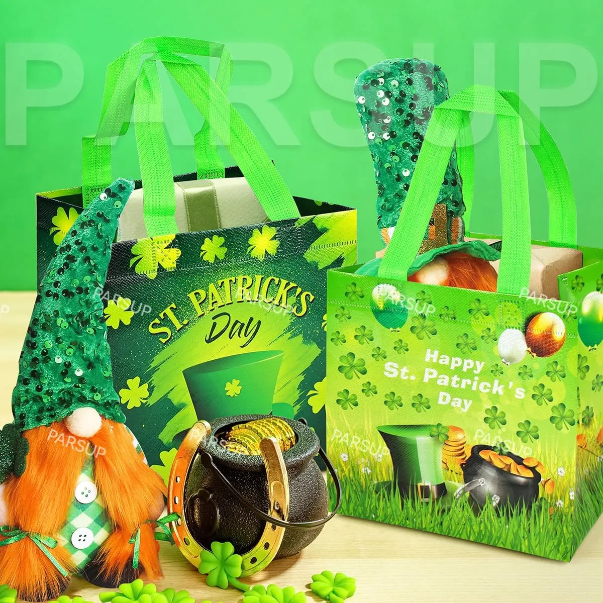 PARSUP 4PCS St Patricks Day Reusable Gift Bags, Irish Treat Bags with Handles, Saint Patrick's Day Party Bags, Multifunctional Non-Woven Bags for Gifts Wrapping, Irish Party Supplies, 7.9"×7.9"×5.9"