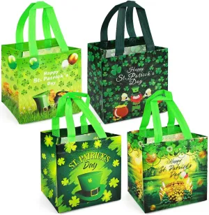 PARSUP 4PCS St Patricks Day Reusable Gift Bags, Irish Treat Bags with Handles, Saint Patrick's Day Party Bags, Multifunctional Non-Woven Bags for Gifts Wrapping, Irish Party Supplies, 7.9"×7.9"×5.9"