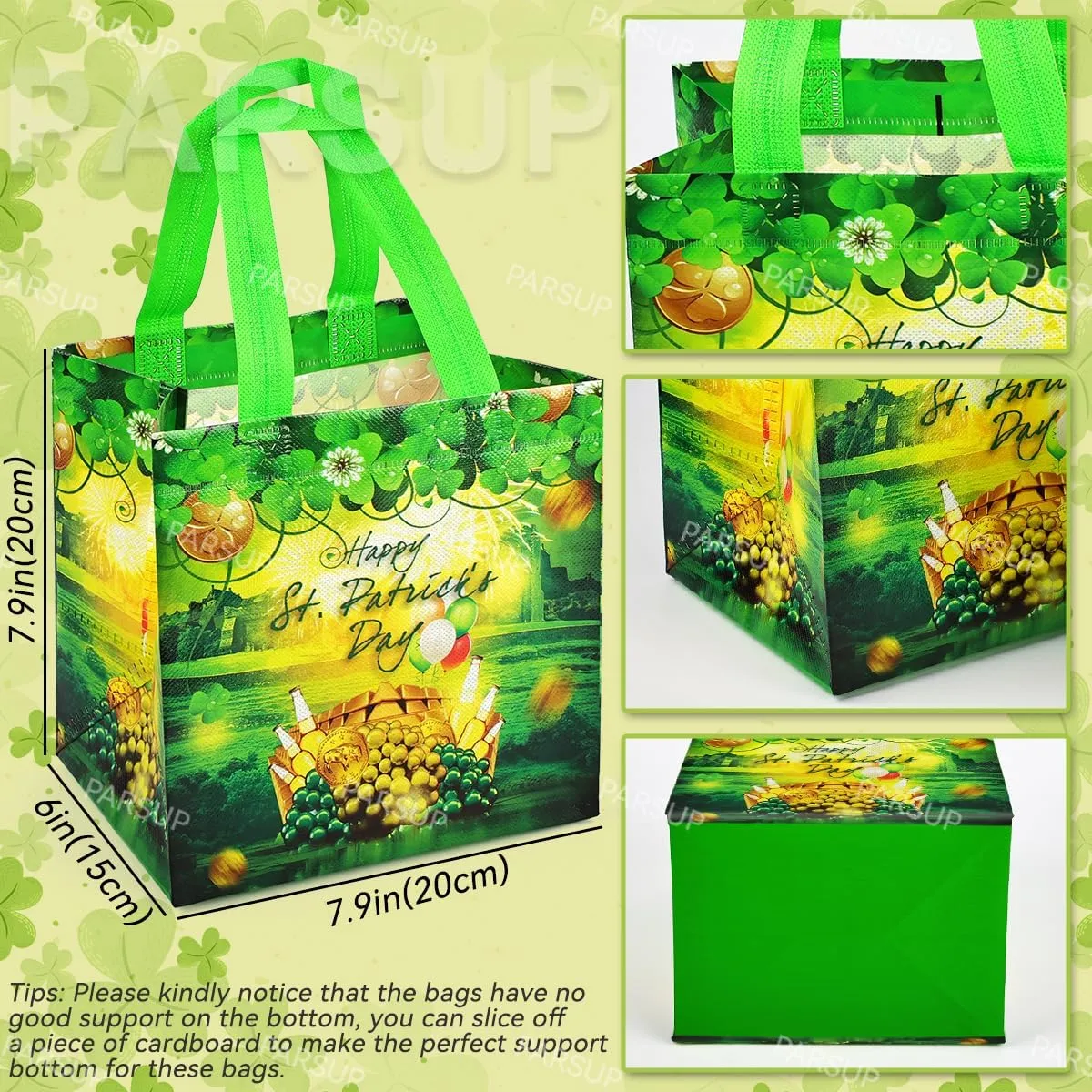 PARSUP 4PCS St Patricks Day Reusable Gift Bags, Irish Treat Bags with Handles, Saint Patrick's Day Party Bags, Multifunctional Non-Woven Bags for Gifts Wrapping, Irish Party Supplies, 7.9"×7.9"×5.9"