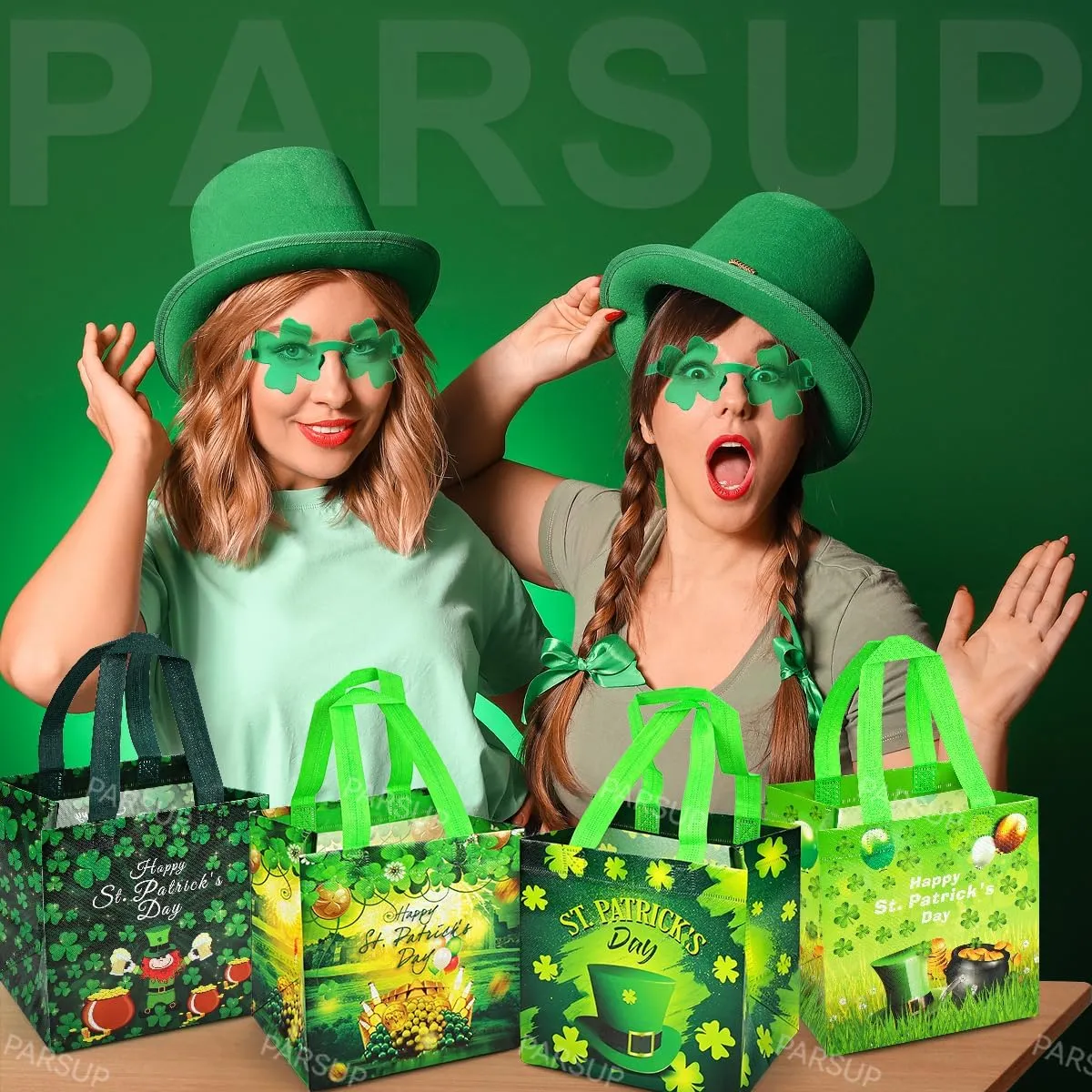 PARSUP 4PCS St Patricks Day Reusable Gift Bags, Irish Treat Bags with Handles, Saint Patrick's Day Party Bags, Multifunctional Non-Woven Bags for Gifts Wrapping, Irish Party Supplies, 7.9"×7.9"×5.9"