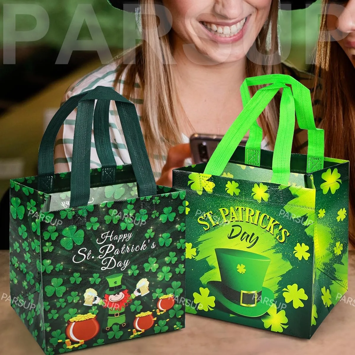 PARSUP 4PCS St Patricks Day Reusable Gift Bags, Irish Treat Bags with Handles, Saint Patrick's Day Party Bags, Multifunctional Non-Woven Bags for Gifts Wrapping, Irish Party Supplies, 7.9"×7.9"×5.9"
