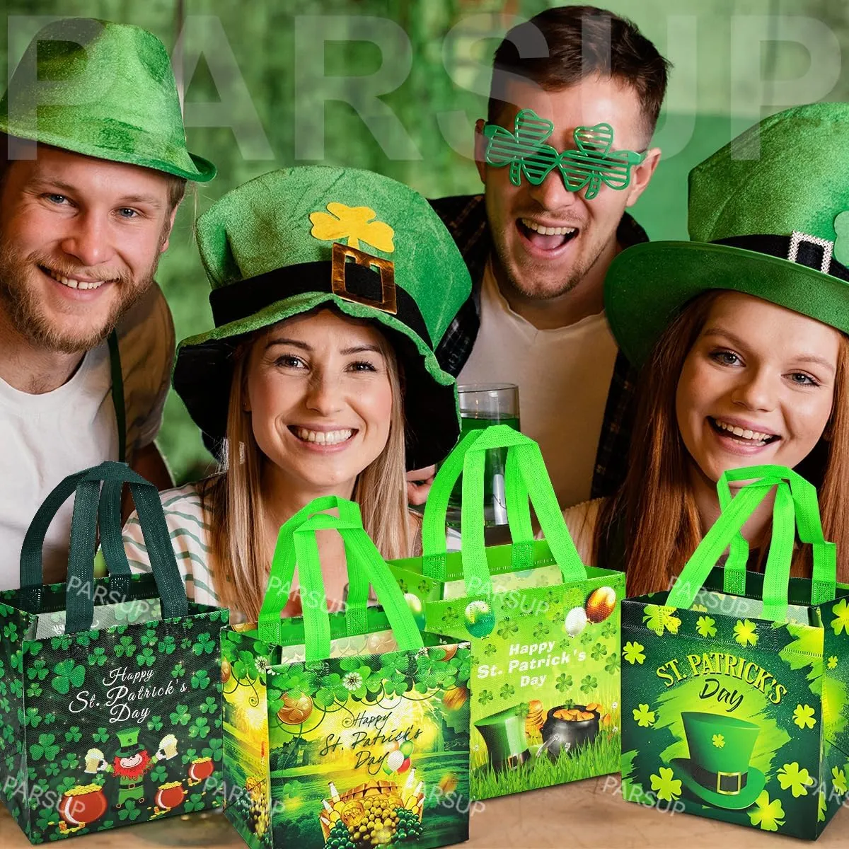 PARSUP 4PCS St Patricks Day Reusable Gift Bags, Irish Treat Bags with Handles, Saint Patrick's Day Party Bags, Multifunctional Non-Woven Bags for Gifts Wrapping, Irish Party Supplies, 7.9"×7.9"×5.9"