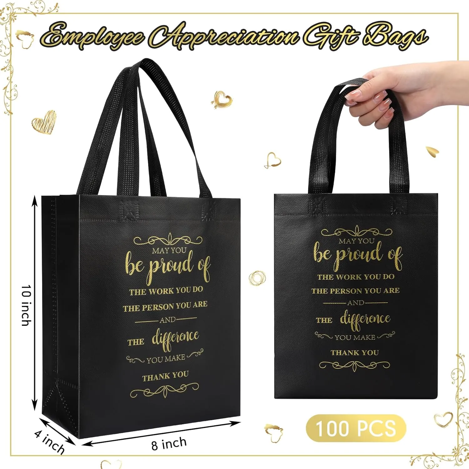 Paterr 100 Pcs Employee Appreciation Gift Bags Bulk 10 x 8 x 4'' Non Woven Thank You Tote Bags with Handle Inspirational May You Be Proud Gift for Colleague Teacher Doctor (Black)(Black)