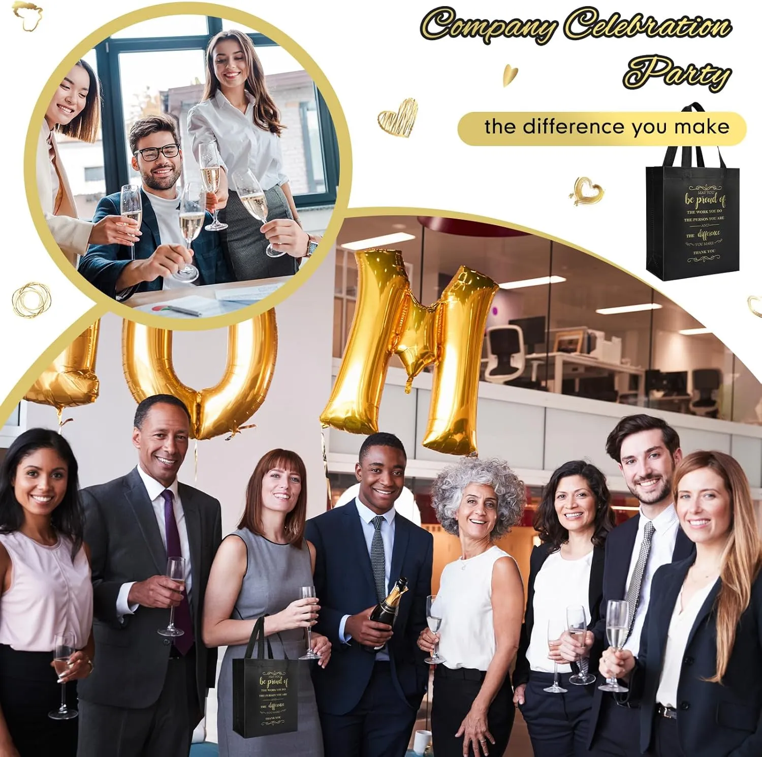 Paterr 100 Pcs Employee Appreciation Gift Bags Bulk 10 x 8 x 4'' Non Woven Thank You Tote Bags with Handle Inspirational May You Be Proud Gift for Colleague Teacher Doctor (Black)(Black)