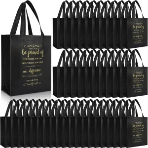 Paterr 100 Pcs Employee Appreciation Gift Bags Bulk 10 x 8 x 4'' Non Woven Thank You Tote Bags with Handle Inspirational May You Be Proud Gift for Colleague Teacher Doctor (Black)(Black)