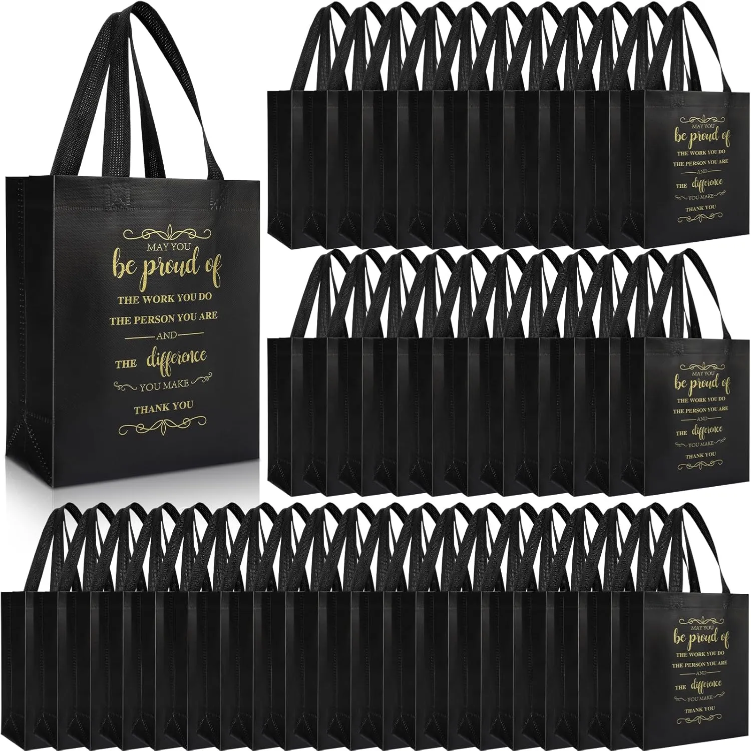 Paterr 100 Pcs Employee Appreciation Gift Bags Bulk 10 x 8 x 4'' Non Woven Thank You Tote Bags with Handle Inspirational May You Be Proud Gift for Colleague Teacher Doctor (Black)(Black)