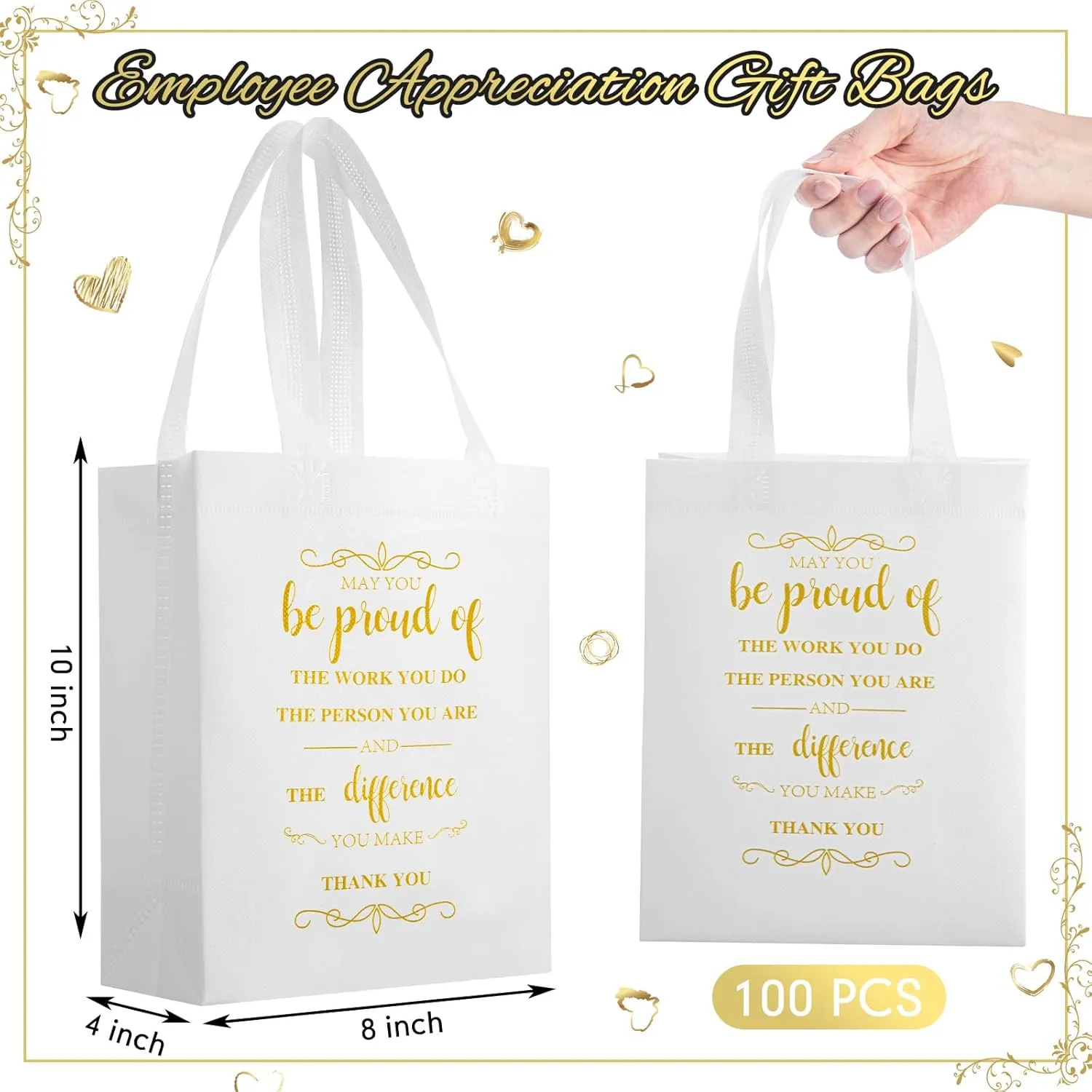 Paterr 100 Pcs Employee Appreciation Gift Bags Bulk 10 x 8 x 4'' Non Woven Thank You Tote Bags with Handle Inspirational May You Be Proud Gift for Colleague Teacher Doctor (Black)(White)