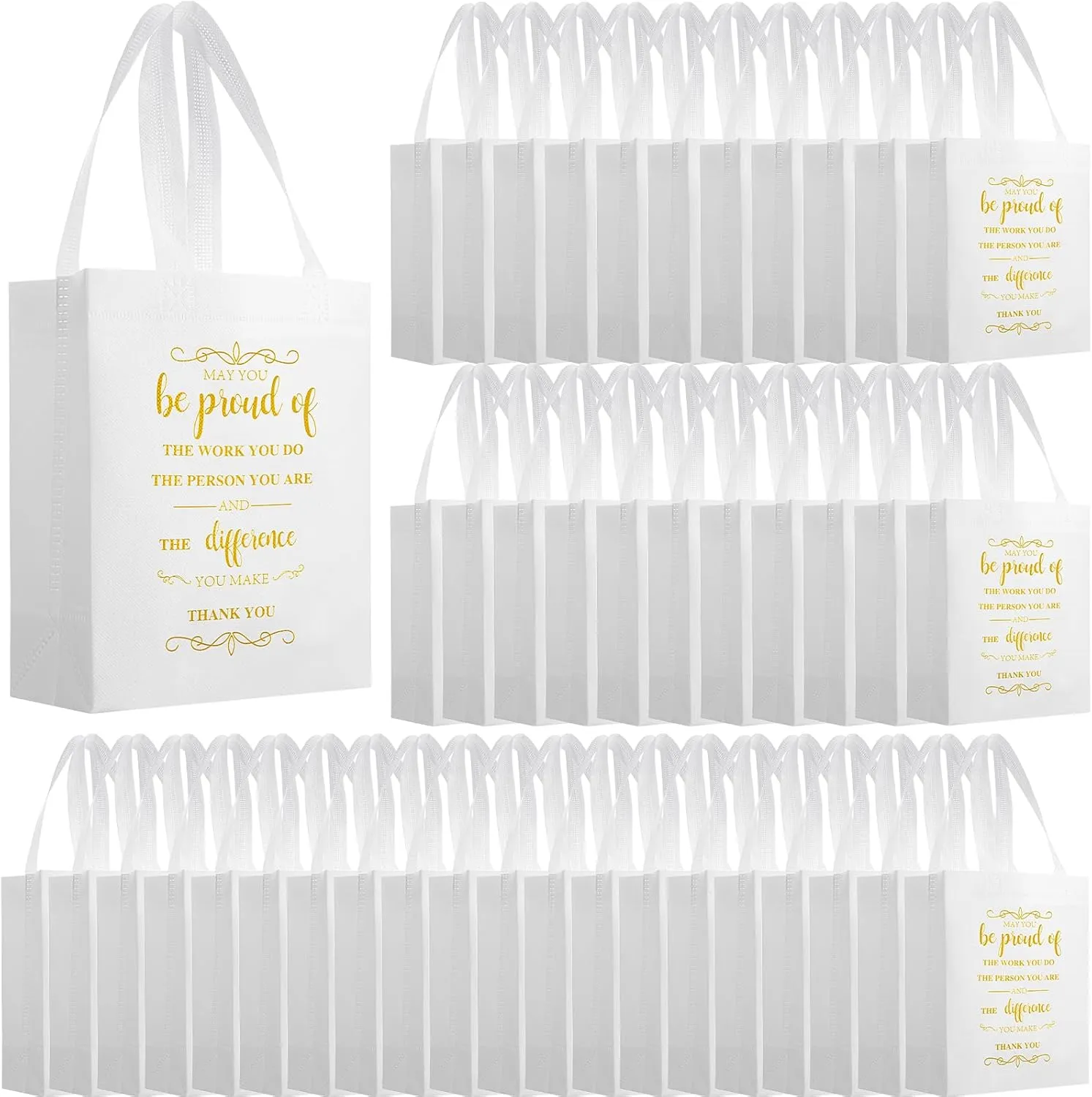 Paterr 100 Pcs Employee Appreciation Gift Bags Bulk 10 x 8 x 4'' Non Woven Thank You Tote Bags with Handle Inspirational May You Be Proud Gift for Colleague Teacher Doctor (Black)(White)
