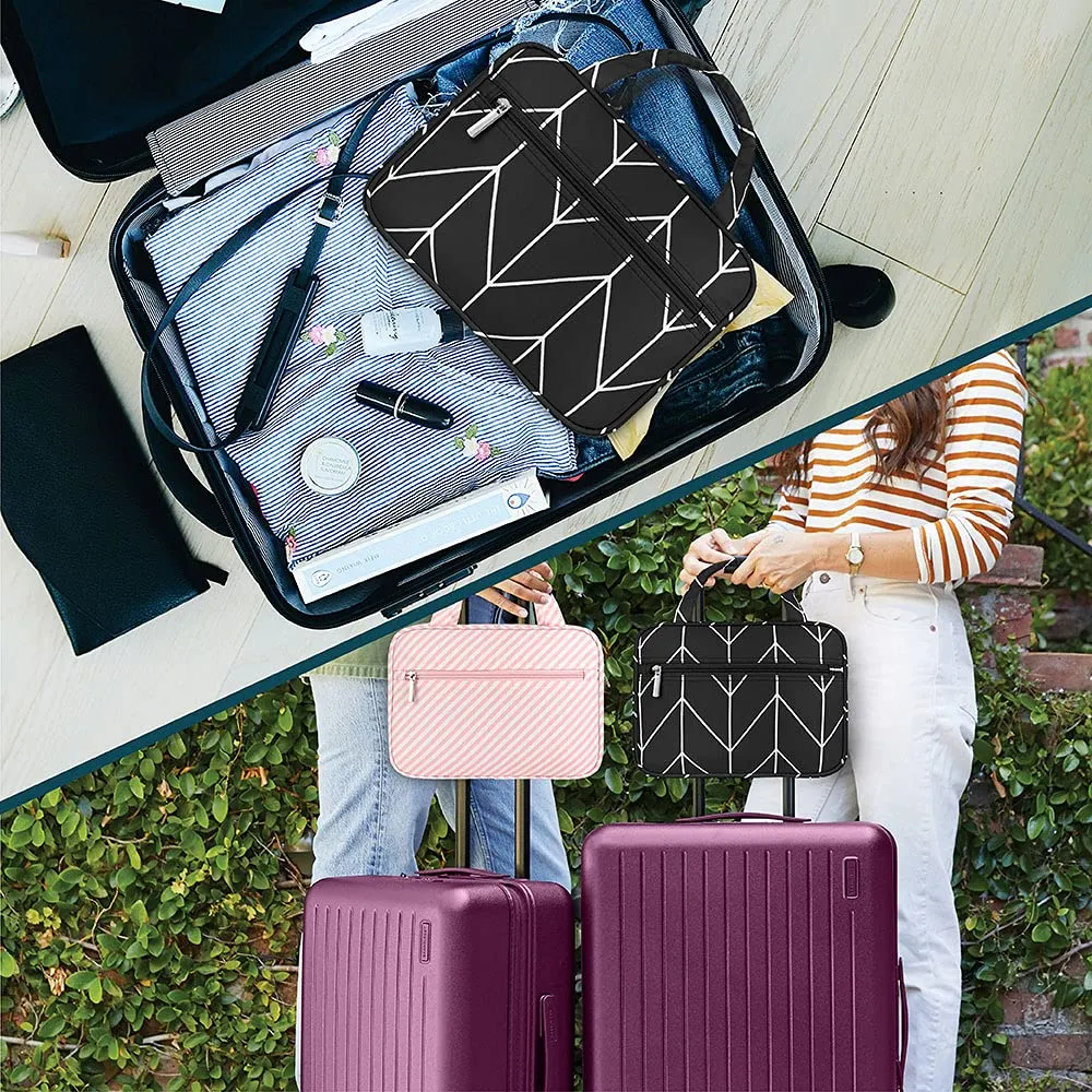 PAVILIA Hanging Toiletry Bag Travel Bag Women Men, Foldable Cosmetic Organizer, Roll up Makeup Bag, Water Resistant Accessories Toiletries, Large Travel Essentials Kit (Black Chevron)