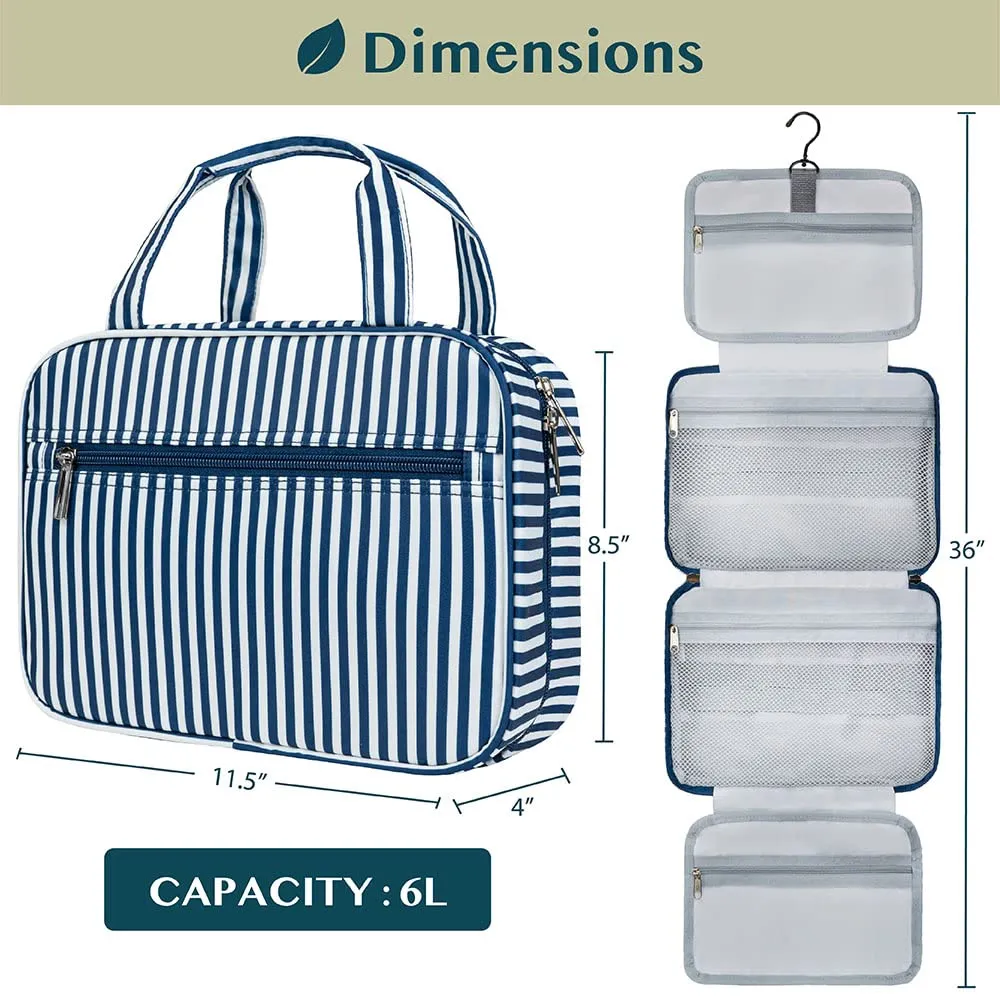 PAVILIA Hanging Toiletry Bag Travel Bag Women Men, Foldable Cosmetic Organizer, Roll up Makeup Bag, Water Resistant Accessories Toiletries, Large Travel Essentials Kit (Navy Stripe)