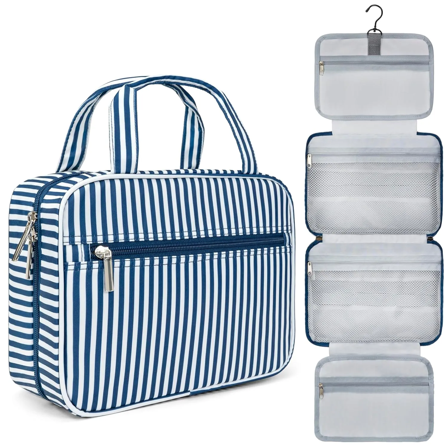 PAVILIA Hanging Toiletry Bag Travel Bag Women Men, Foldable Cosmetic Organizer, Roll up Makeup Bag, Water Resistant Accessories Toiletries, Large Travel Essentials Kit (Navy Stripe)