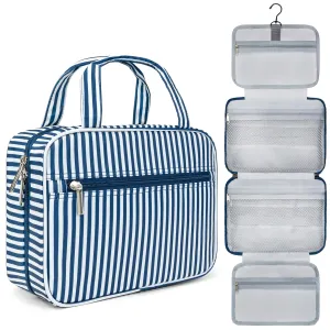 PAVILIA Hanging Toiletry Bag Travel Bag Women Men, Foldable Cosmetic Organizer, Roll up Makeup Bag, Water Resistant Accessories Toiletries, Large Travel Essentials Kit (Navy Stripe)