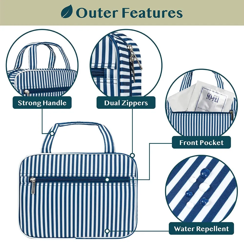 PAVILIA Hanging Toiletry Bag Travel Bag Women Men, Foldable Cosmetic Organizer, Roll up Makeup Bag, Water Resistant Accessories Toiletries, Large Travel Essentials Kit (Navy Stripe)
