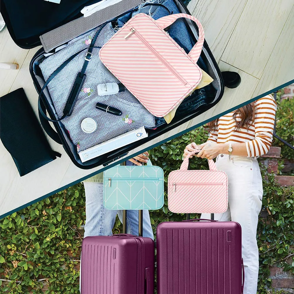 PAVILIA Hanging Toiletry Bag Travel Bag Women Men, Foldable Cosmetic Organizer, Roll up Makeup Bag, Water Resistant Accessories Toiletries, Large Travel Essentials Kit (Pink Stripe)
