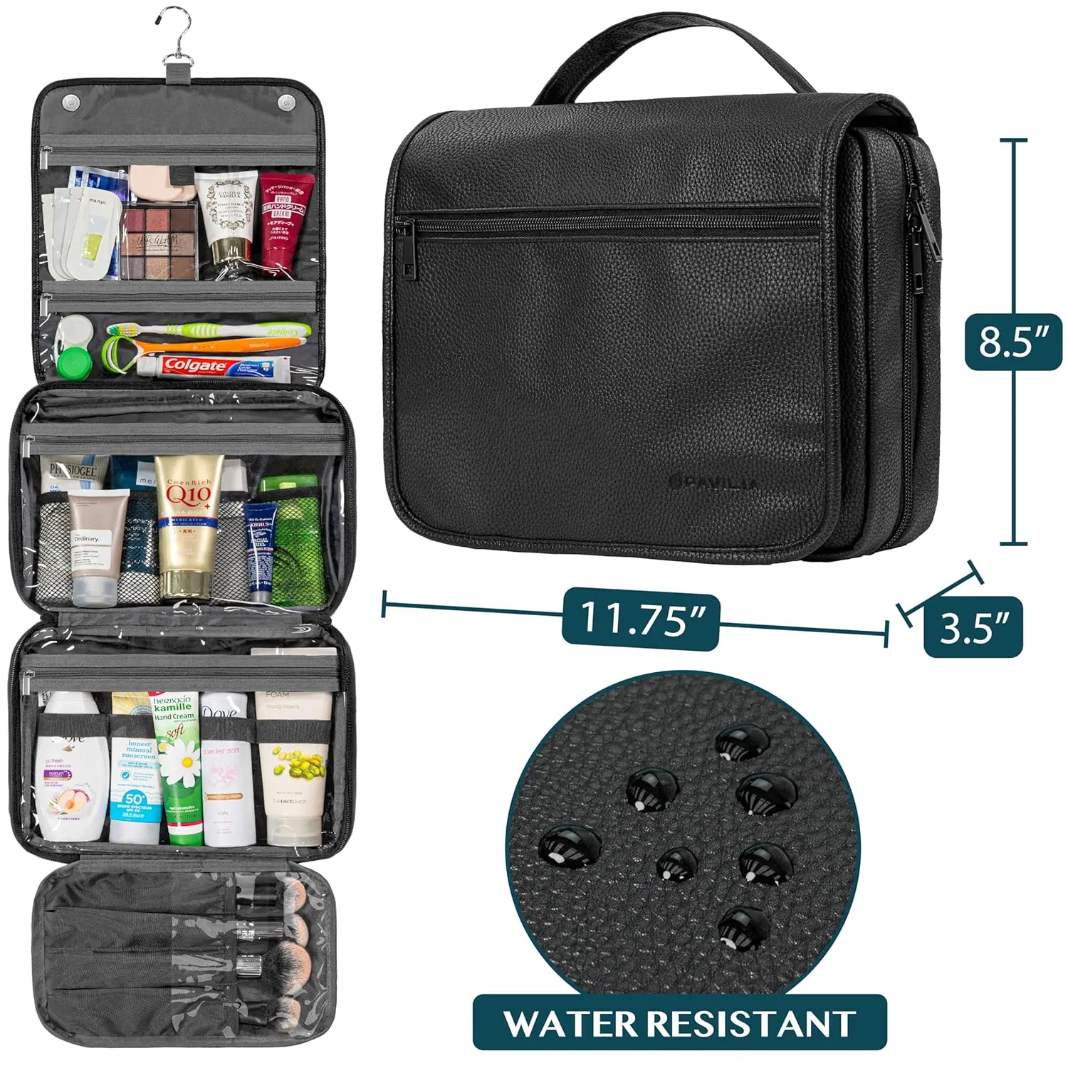 PAVILIA Hanging Toiletry Bag Women Men, Foldable Cosmetic Organizer Travel Bag, Water Resistant Makeup Bag Toiletries, Large Travel Essentials Kit (Black)