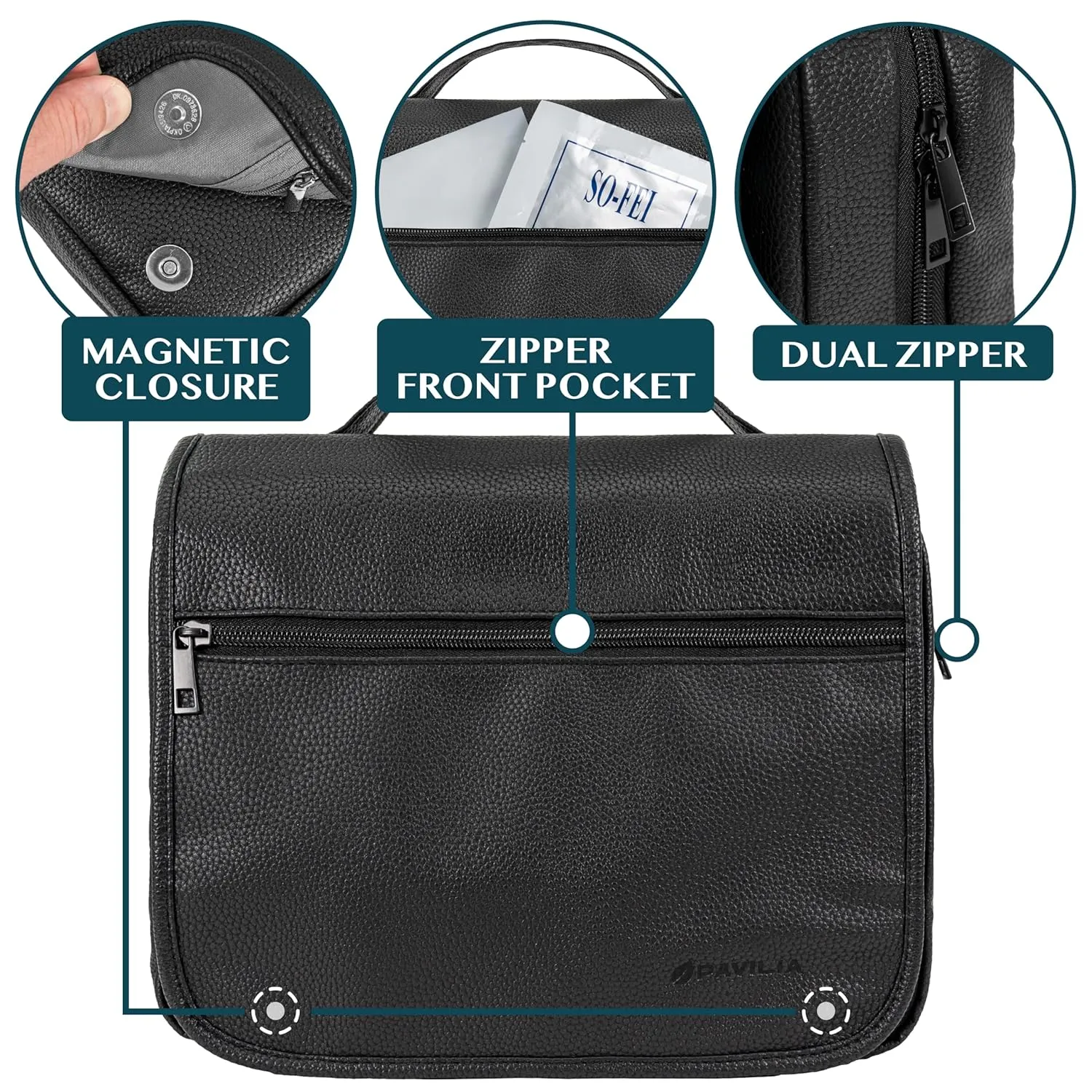 PAVILIA Hanging Toiletry Bag Women Men, Foldable Cosmetic Organizer Travel Bag, Water Resistant Makeup Bag Toiletries, Large Travel Essentials Kit (Black)