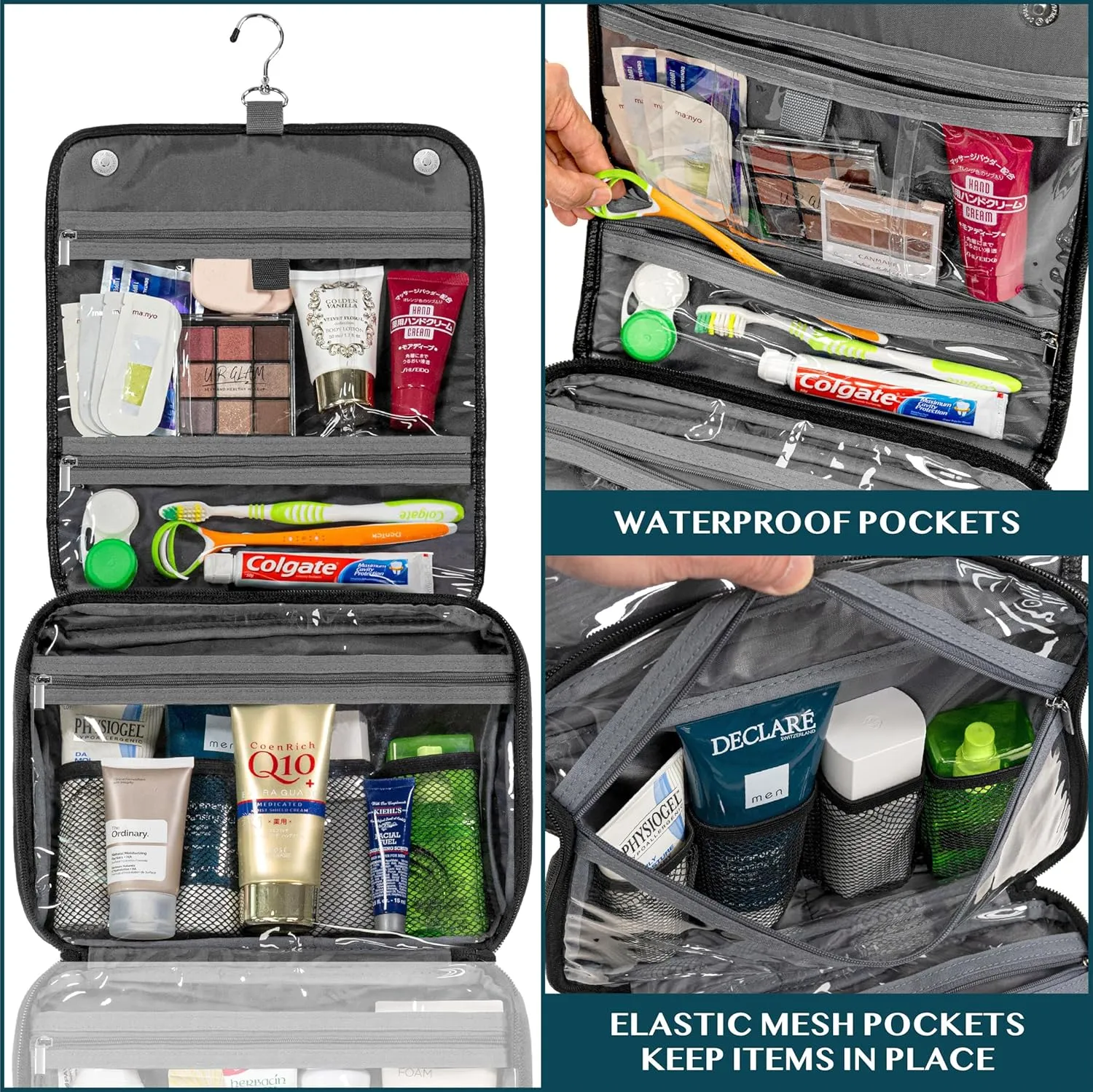 PAVILIA Hanging Toiletry Bag Women Men, Foldable Cosmetic Organizer Travel Bag, Water Resistant Makeup Bag Toiletries, Large Travel Essentials Kit (Black)