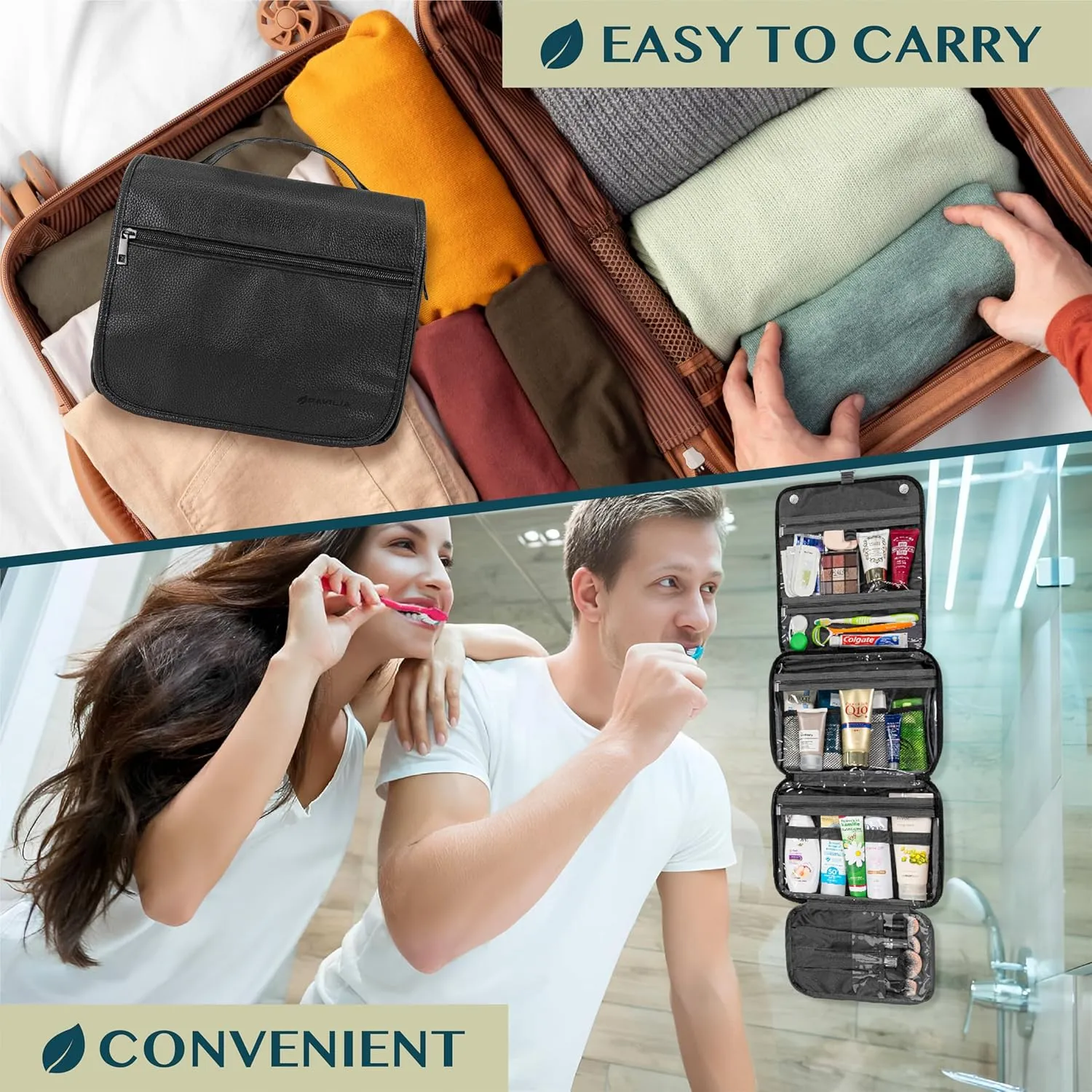 PAVILIA Hanging Toiletry Bag Women Men, Foldable Cosmetic Organizer Travel Bag, Water Resistant Makeup Bag Toiletries, Large Travel Essentials Kit (Black)