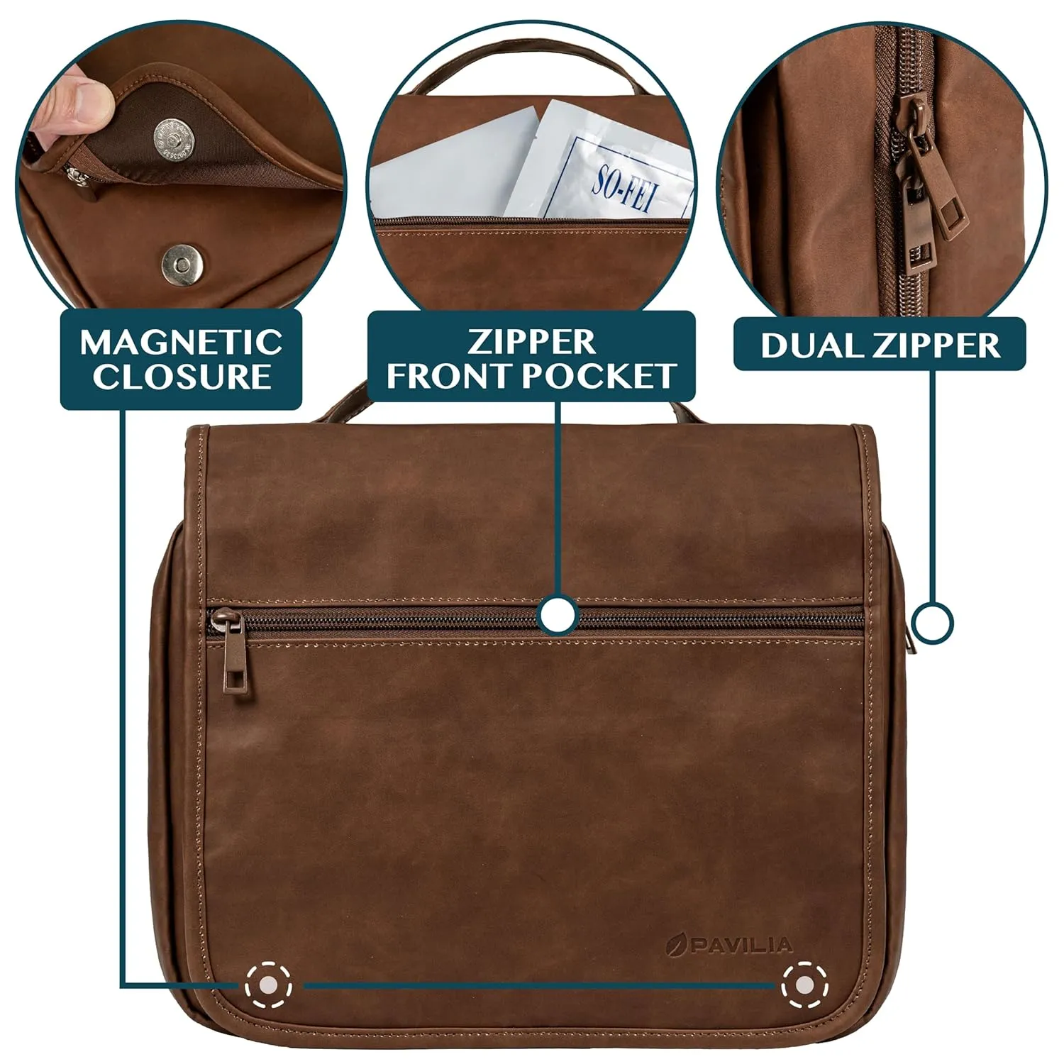 PAVILIA Hanging Toiletry Bag Women Men, Foldable Cosmetic Organizer Travel Bag, Water Resistant Makeup Bag Toiletries, Large Travel Essentials Kit (Dark Brown)