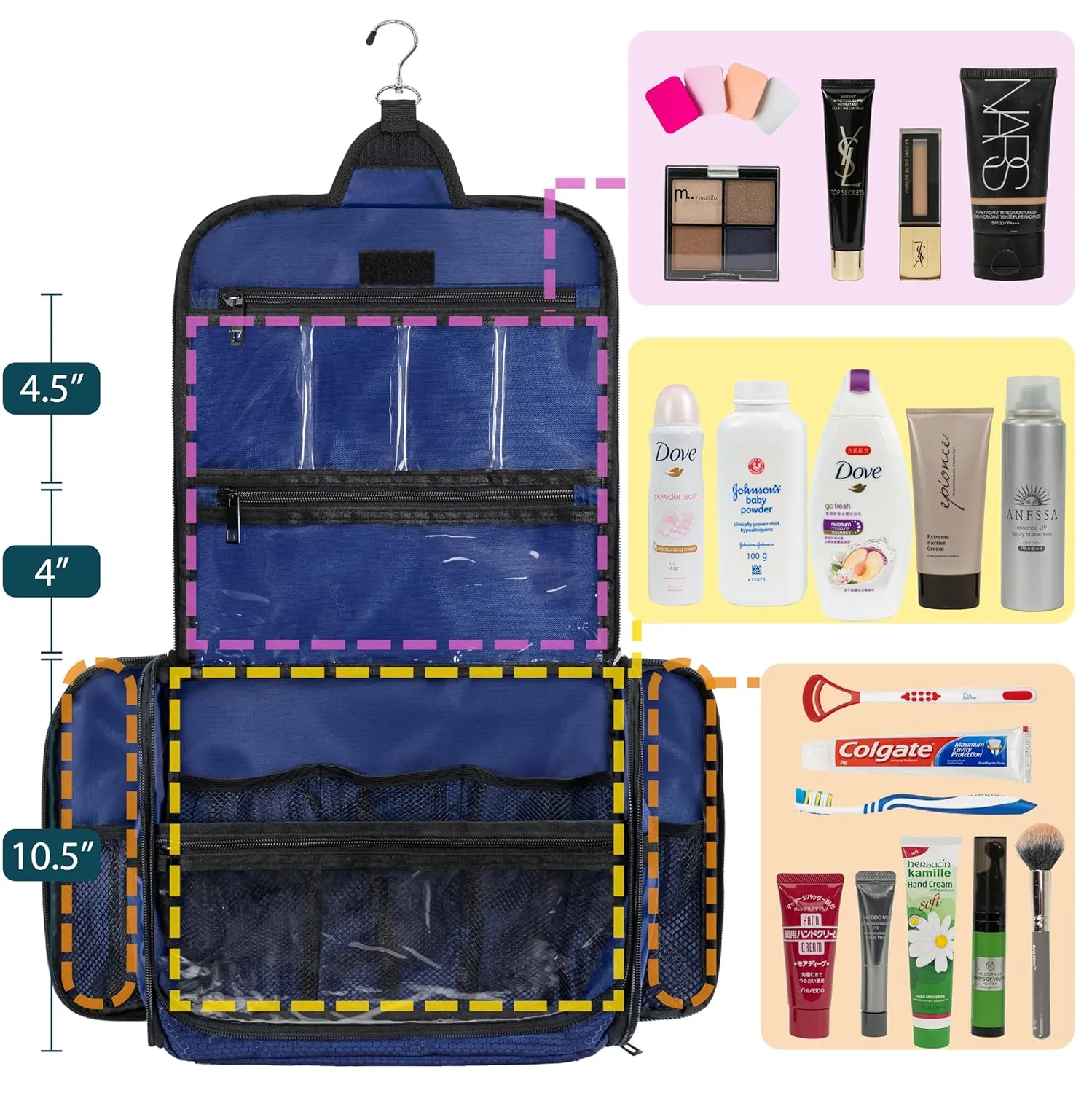 PAVILIA Large Hanging Toiletry Bag Travel Bag Women Men, Cosmetic Organizer, Water Resistant Makeup Bag Accessories Toiletries, Travel Essentials Kit, Royal Blue