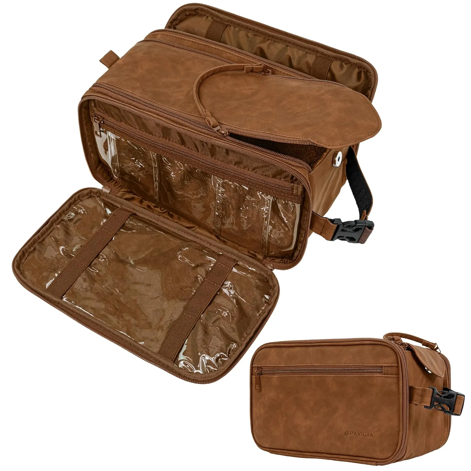 PAVILIA Large Toiletry Bag for Men Women, Mens Travel Bag Toiletries Organizer Case for Grooming, Travel Essentials Shaving Dopp Kit, PU Leather Water Resistant Cosmetic Pouch, Brown
