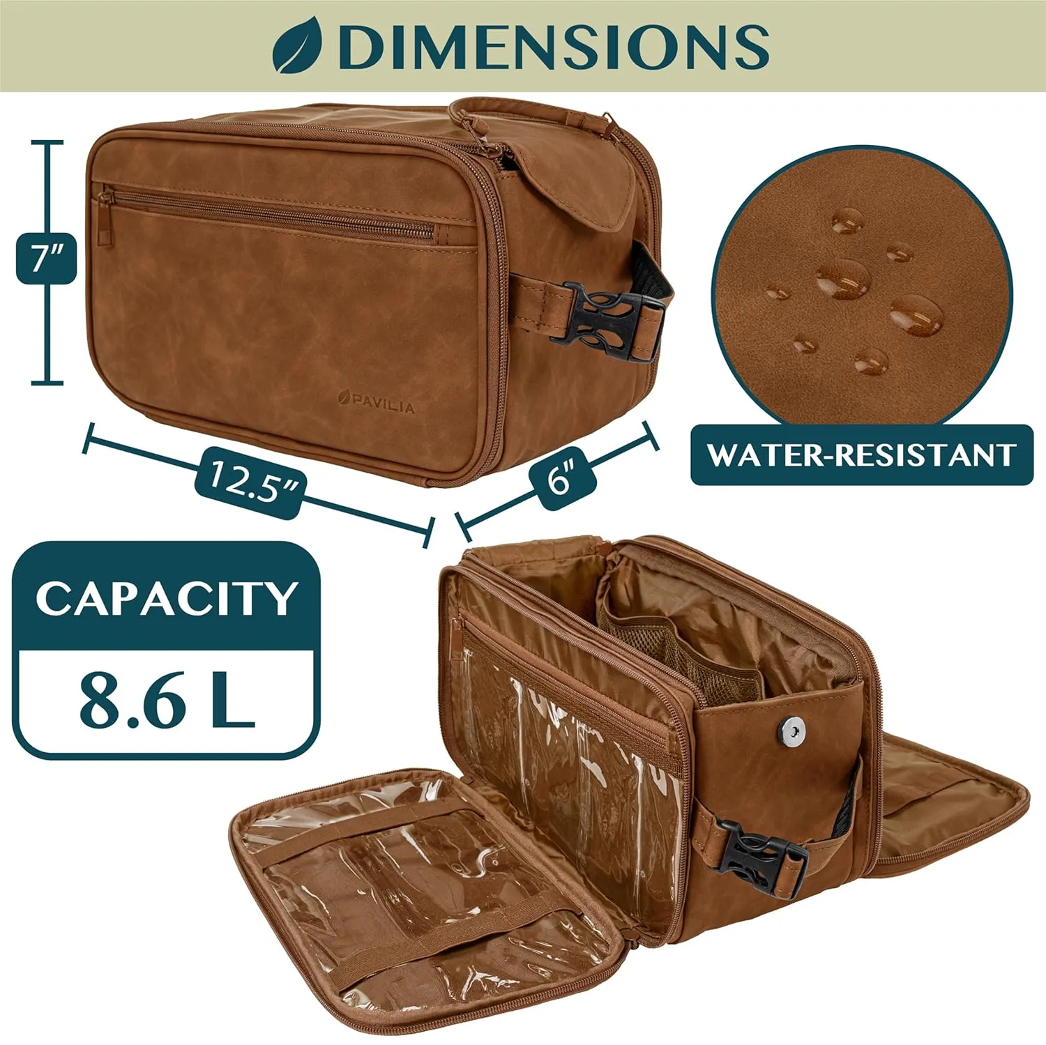 PAVILIA Large Toiletry Bag for Men Women, Mens Travel Bag Toiletries Organizer Case for Grooming, Travel Essentials Shaving Dopp Kit, PU Leather Water Resistant Cosmetic Pouch, Brown