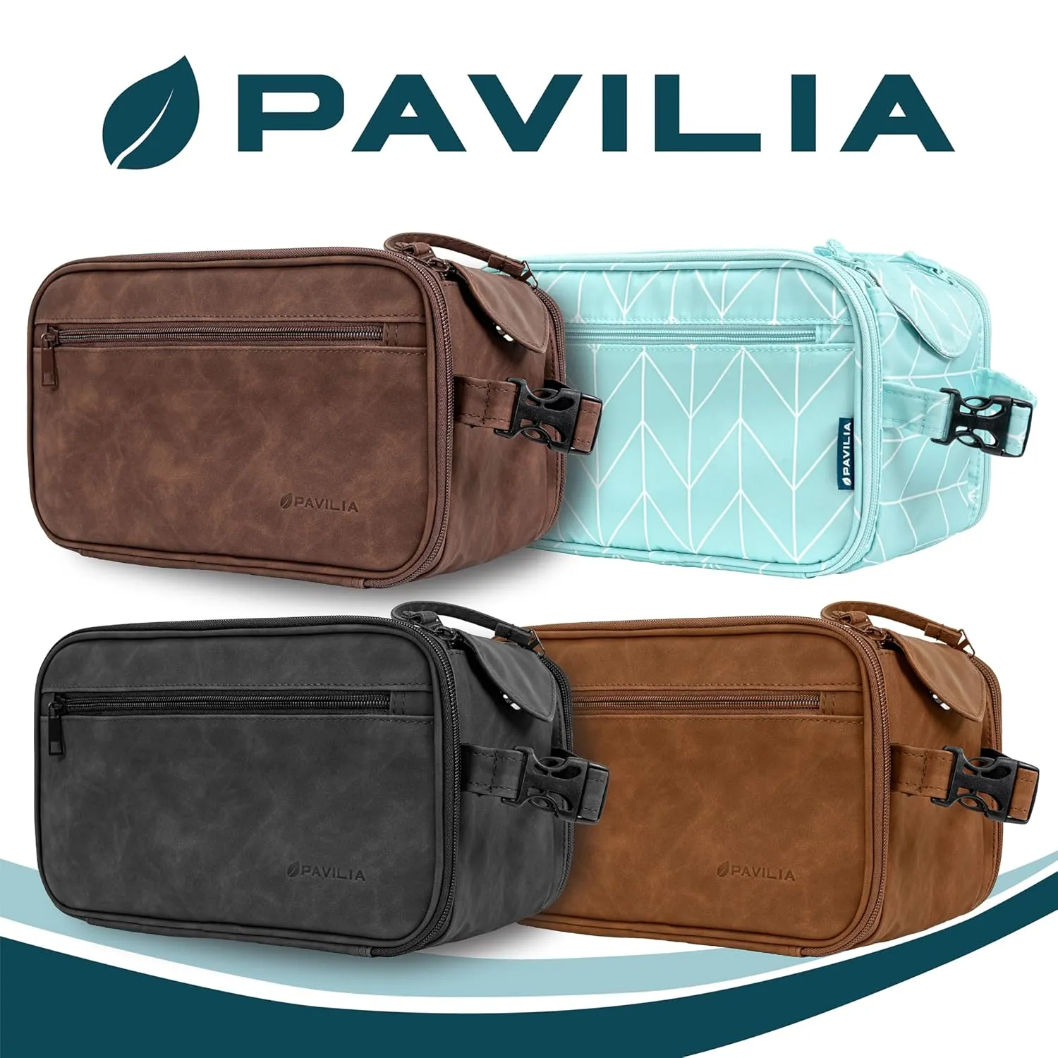PAVILIA Large Toiletry Bag for Men Women, Mens Travel Bag Toiletries Organizer Case for Grooming, Travel Essentials Shaving Dopp Kit, PU Leather Water Resistant Cosmetic Pouch, Brown