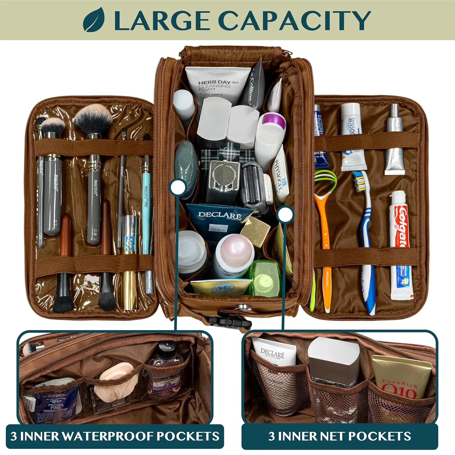PAVILIA Large Toiletry Bag for Men Women, Mens Travel Bag Toiletries Organizer Case for Grooming, Travel Essentials Shaving Dopp Kit, PU Leather Water Resistant Cosmetic Pouch, Brown