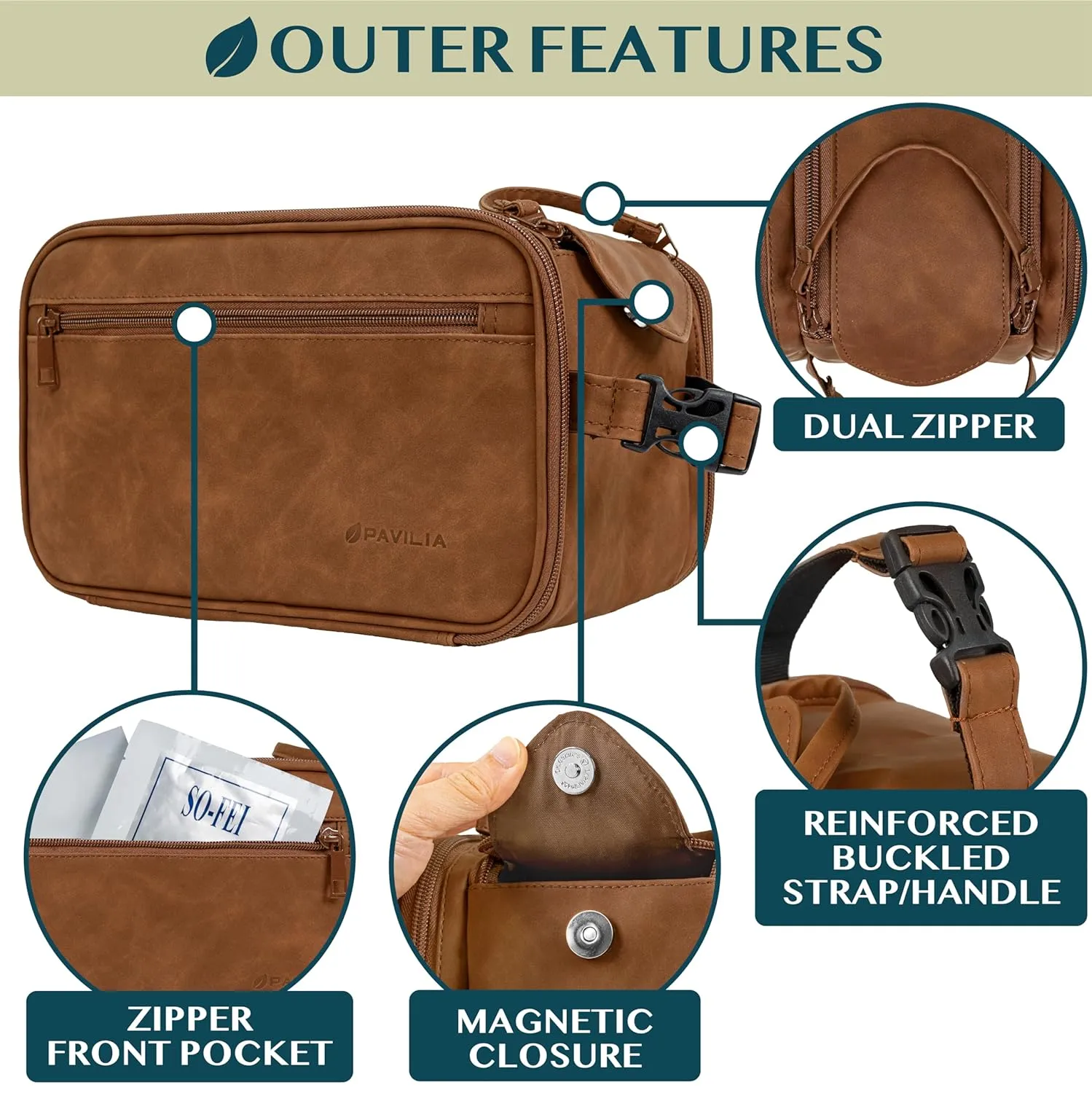 PAVILIA Large Toiletry Bag for Men Women, Mens Travel Bag Toiletries Organizer Case for Grooming, Travel Essentials Shaving Dopp Kit, PU Leather Water Resistant Cosmetic Pouch, Brown