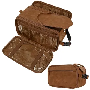 PAVILIA Large Toiletry Bag for Men Women, Mens Travel Bag Toiletries Organizer Case for Grooming, Travel Essentials Shaving Dopp Kit, PU Leather Water Resistant Cosmetic Pouch, Brown