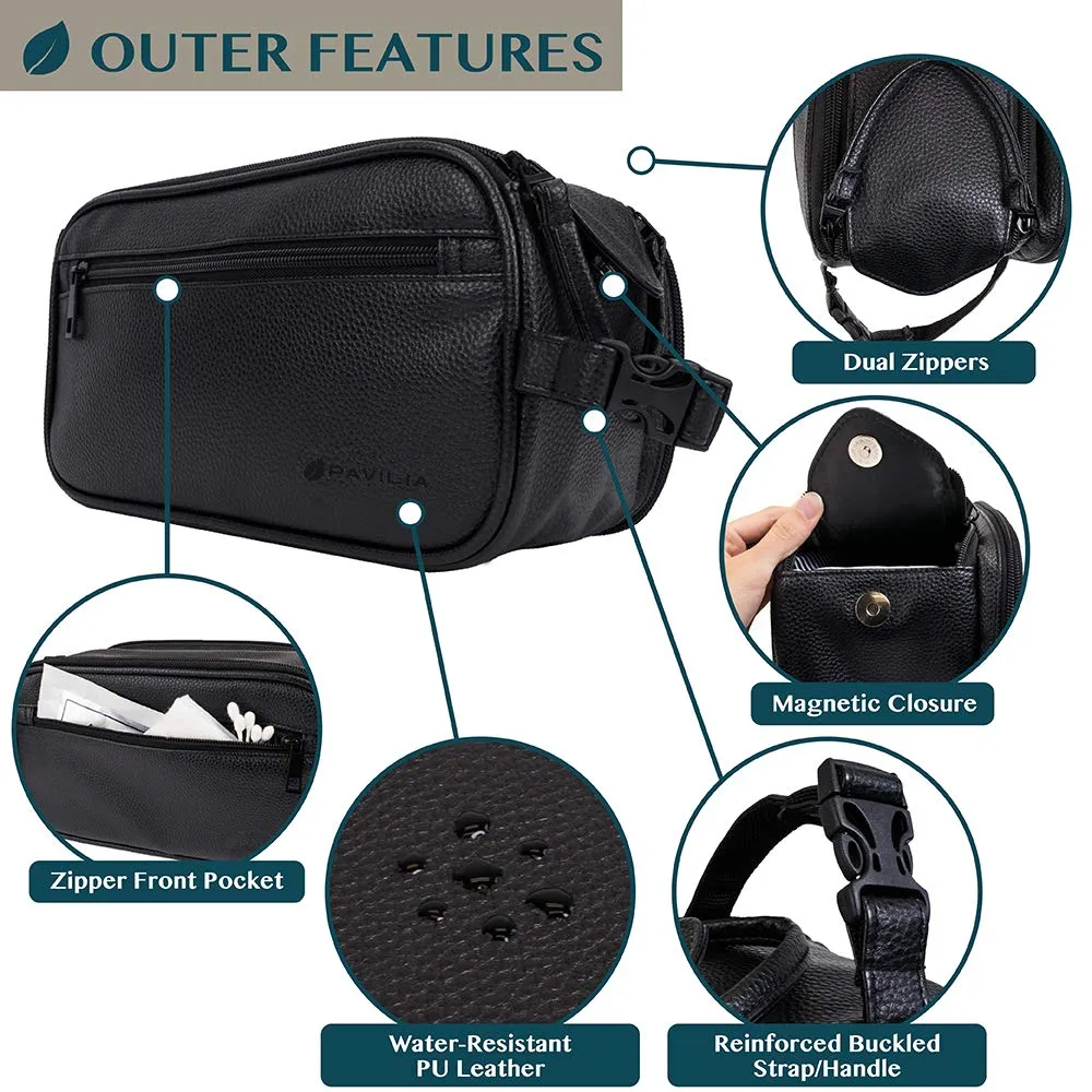 PAVILIA Toiletry Bag for Men, Travel Essentials Shaving Dopp Kit, Mens Travel Bag Toiletries Organizer Case for Grooming, PU Leather Water Resistant Cosmetic Bag Pouch (Black)