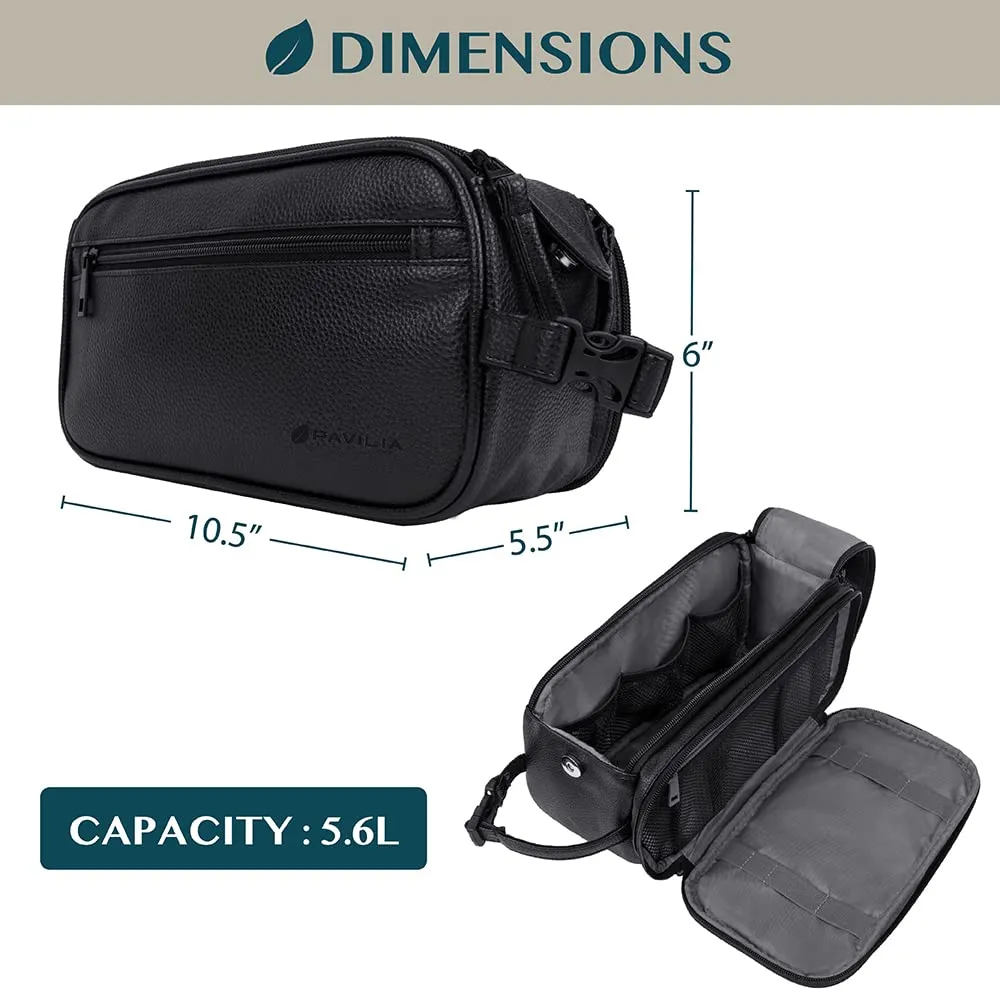 PAVILIA Toiletry Bag for Men, Travel Essentials Shaving Dopp Kit, Mens Travel Bag Toiletries Organizer Case for Grooming, PU Leather Water Resistant Cosmetic Bag Pouch (Black)