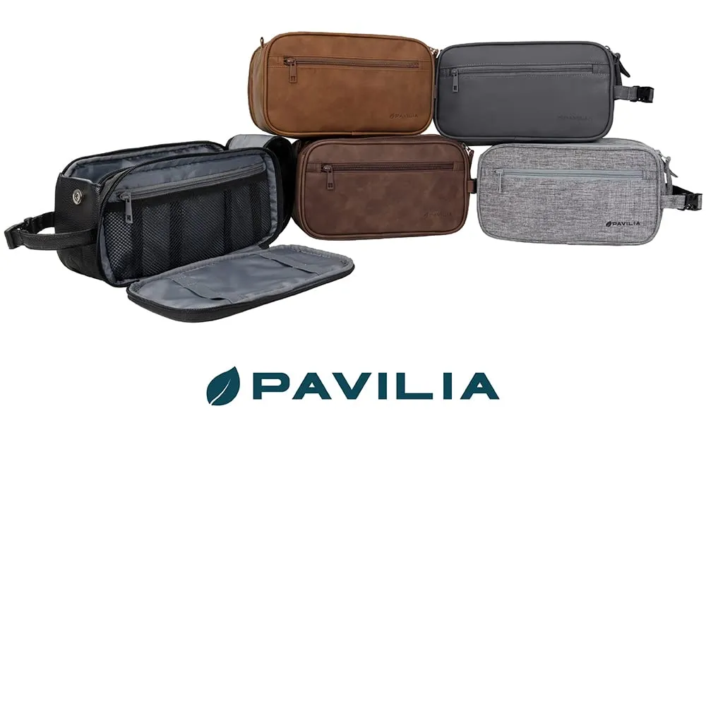 PAVILIA Toiletry Bag for Men, Travel Essentials Shaving Dopp Kit, Mens Travel Bag Toiletries Organizer Case for Grooming, PU Leather Water Resistant Cosmetic Bag Pouch (Black)