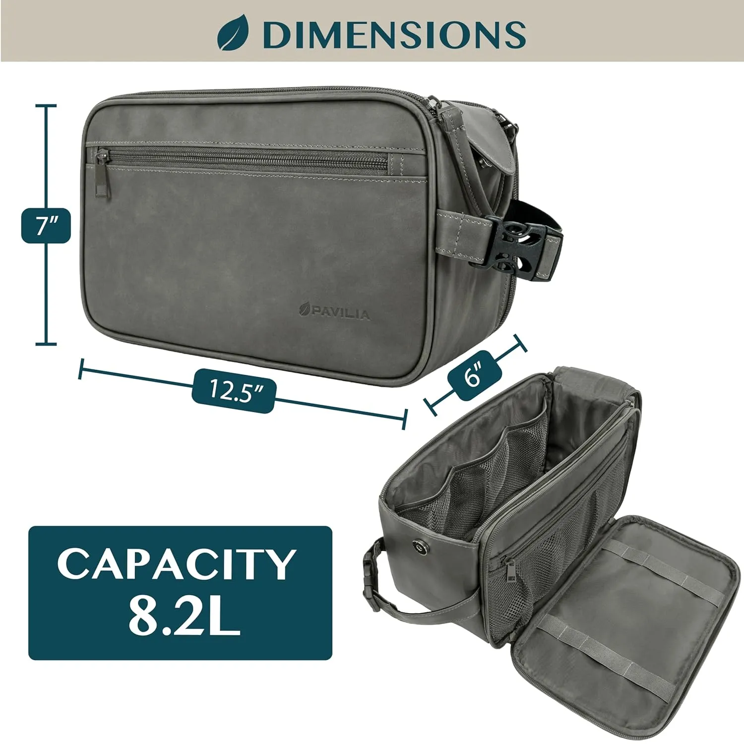 PAVILIA Toiletry Bag for Men, Travel Essentials Shaving Dopp Kit, Mens Travel Bag Toiletries Organizer Case for Grooming, PU Leather Water Resistant Cosmetic Bag Pouch (XL, Dark Grey)