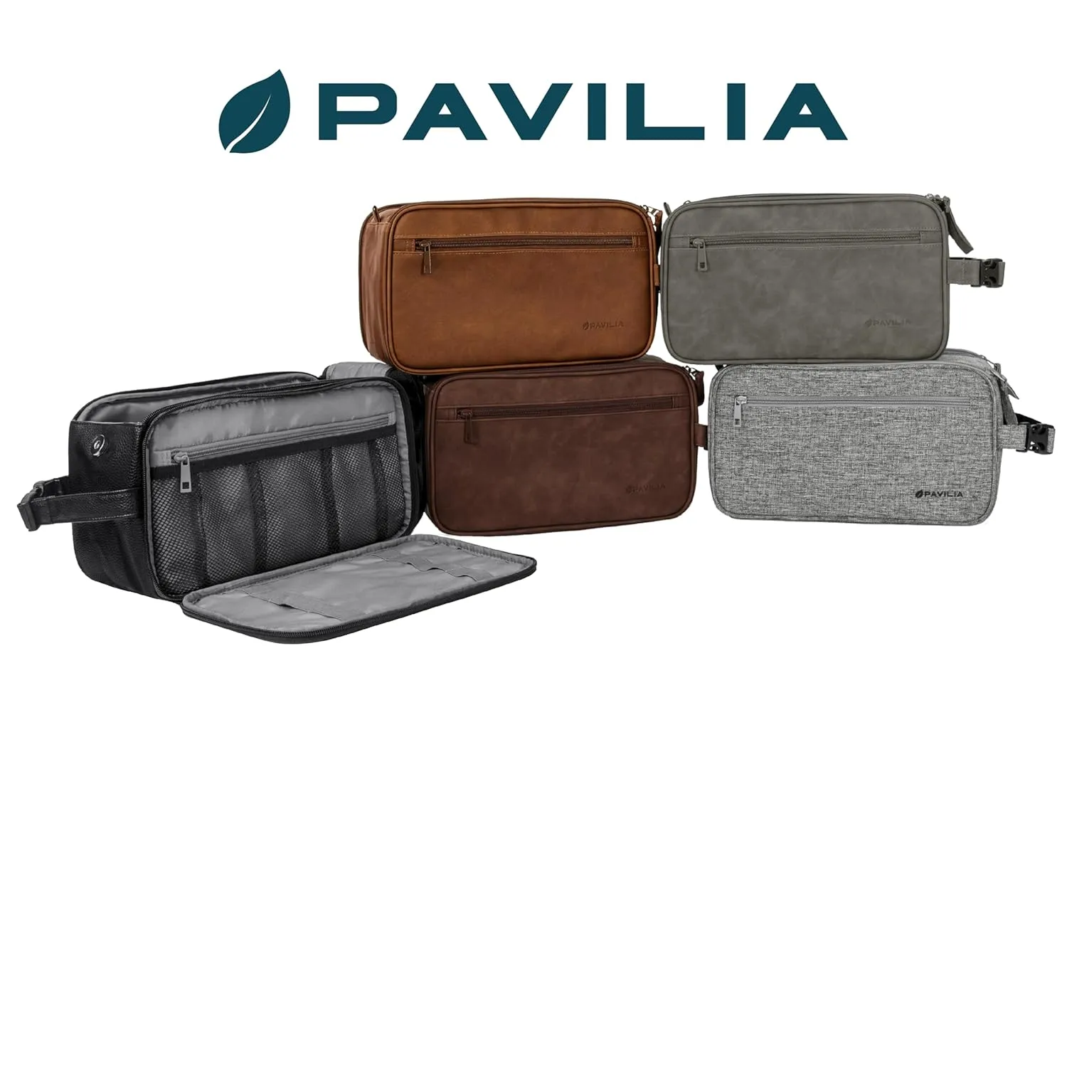 PAVILIA Toiletry Bag for Men, Travel Essentials Shaving Dopp Kit, Mens Travel Bag Toiletries Organizer Case for Grooming, PU Leather Water Resistant Cosmetic Bag Pouch (XL, Dark Grey)