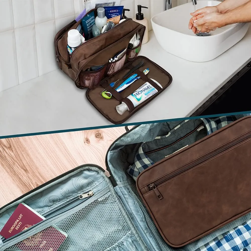 PAVILIA Toiletry Bag for Men, Travel Toiletries Bag | Water-resistant Dopp Kit, PU Leather Shaving Pouch Organizer for Accessories, Cosmetic, Hygiene, Grooming Essentials (Black)