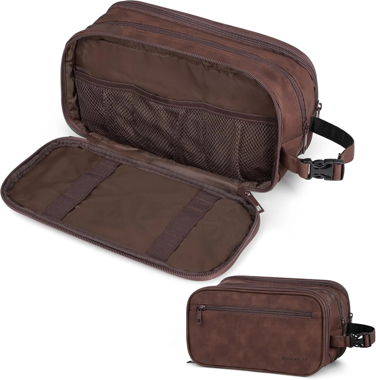 PAVILIA Toiletry Bag for Men, Travel Toiletries Bag | Water-resistant Dopp Kit, PU Leather Shaving Pouch Organizer for Accessories, Cosmetic, Hygiene, Grooming Essentials (Black)