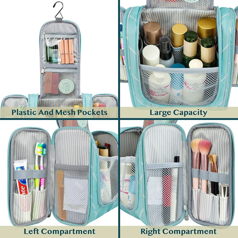 PAVILIA Toiletry Bag Travel Bag for Women Men, Hanging Cosmetic Organizer, Water Resistant Makeup Bag for Accessories Toiletries, Large Travel Essentials Kit (Teal Chevron)