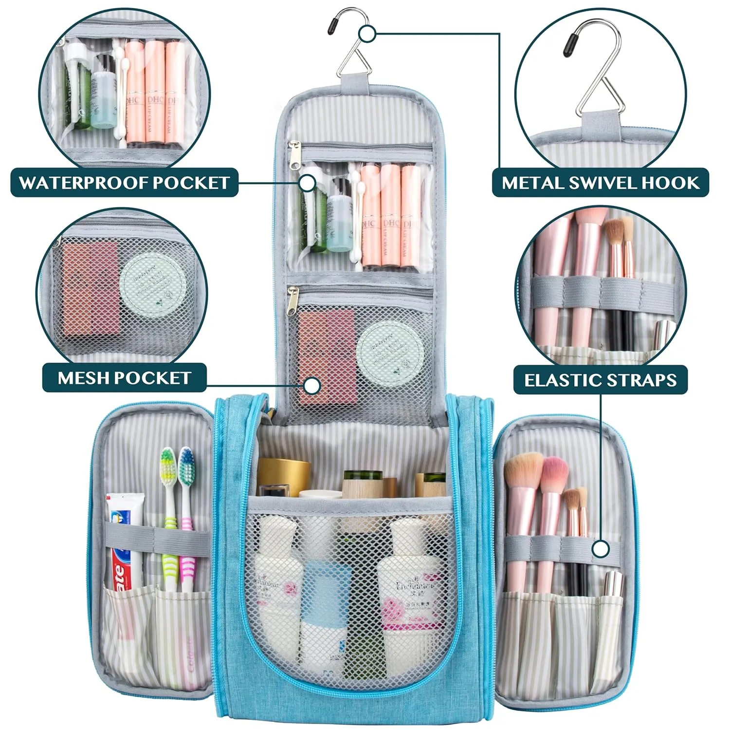 PAVILIA Toiletry Bag Travel Bag for Women Men, Hanging Cosmetic Organizer, Water Resistant Makeup Bag for Accessories Toiletries, Large Travel Essentials Kit (Turquoise)
