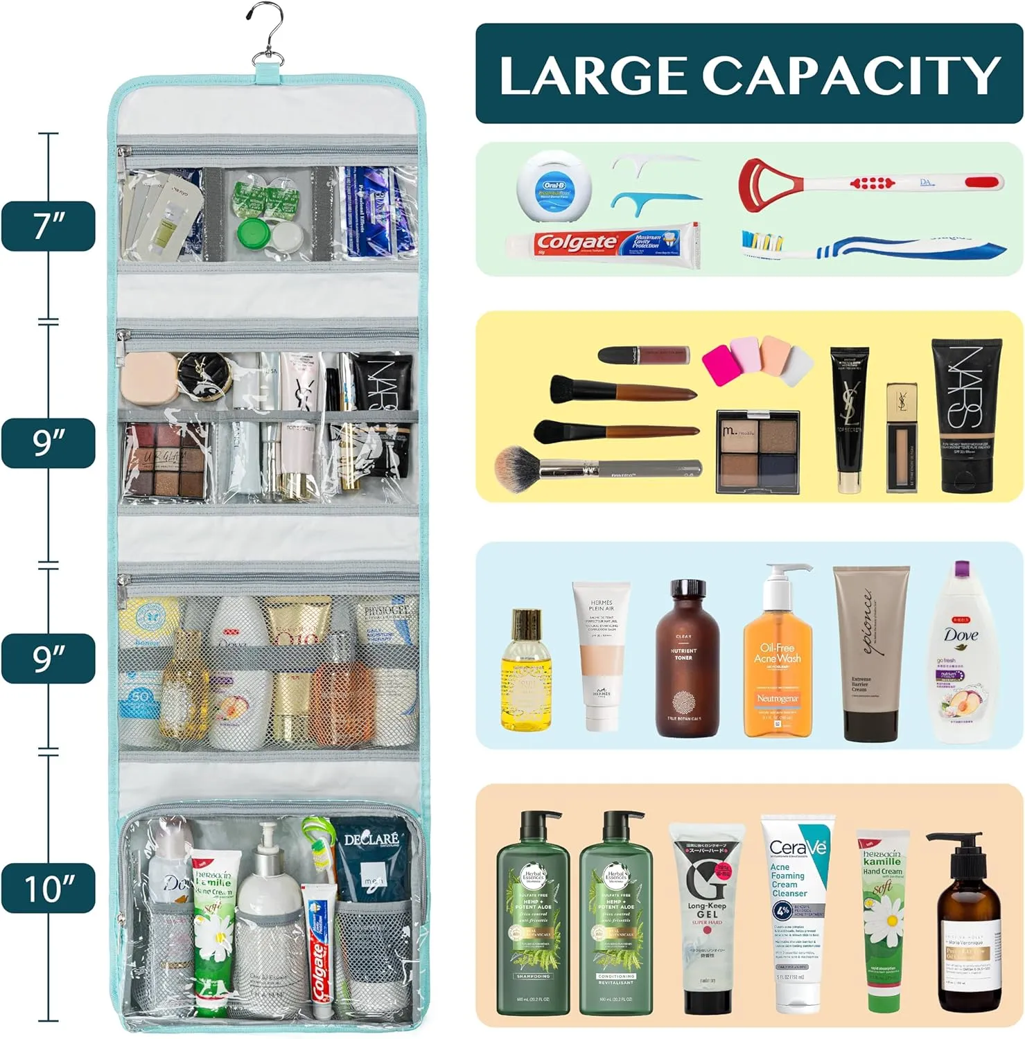 PAVILIA Travel Hanging Toiletry Bag for Women Men, Large Capacity Makeup Bag Kit, Waterproof Cosmetic Storage Organizer Case for Bathroom Shower