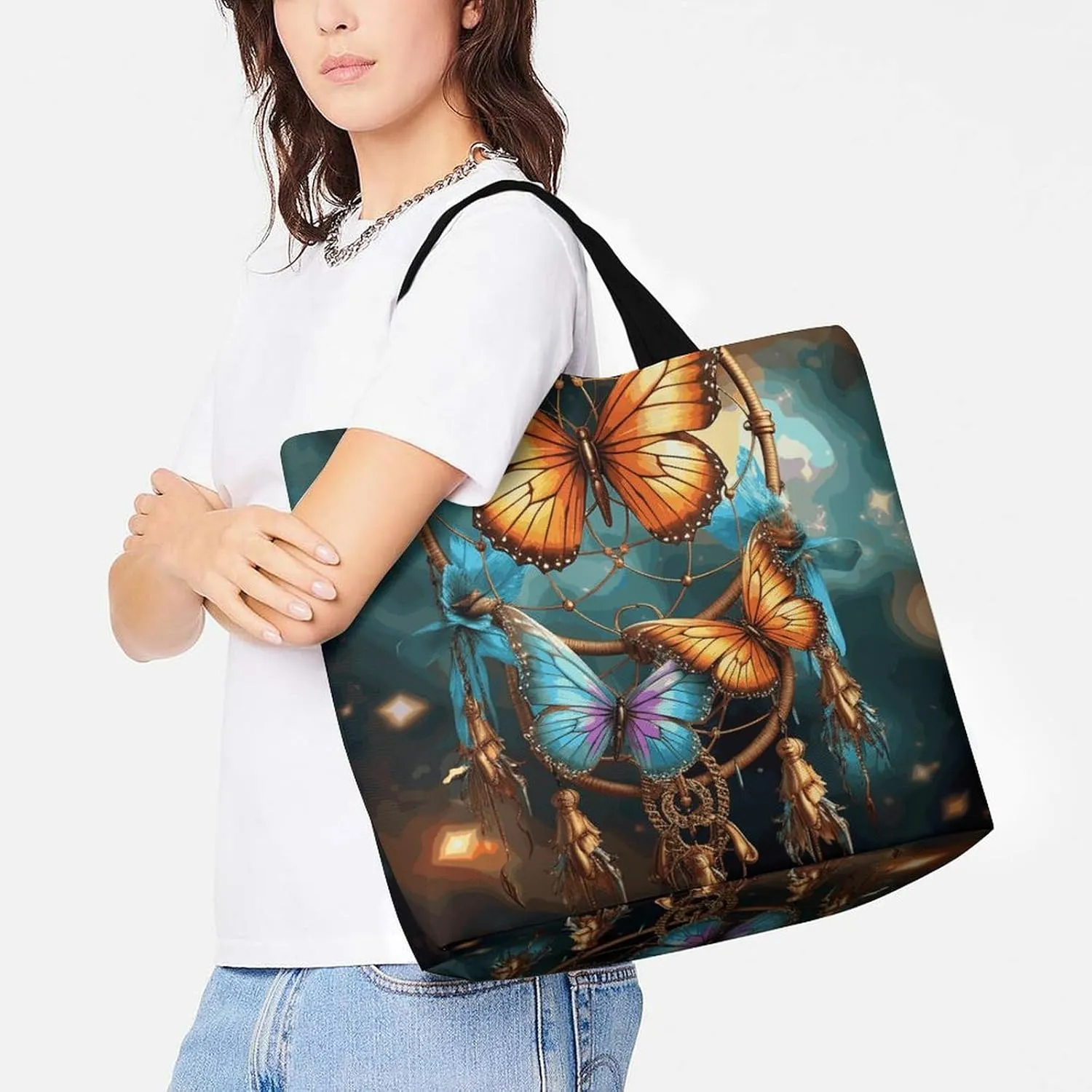 Peach Leafed Flower Tote Bags, Reusable Grocery Bags, Large Shopping Bag, Shoulder Bag for Women