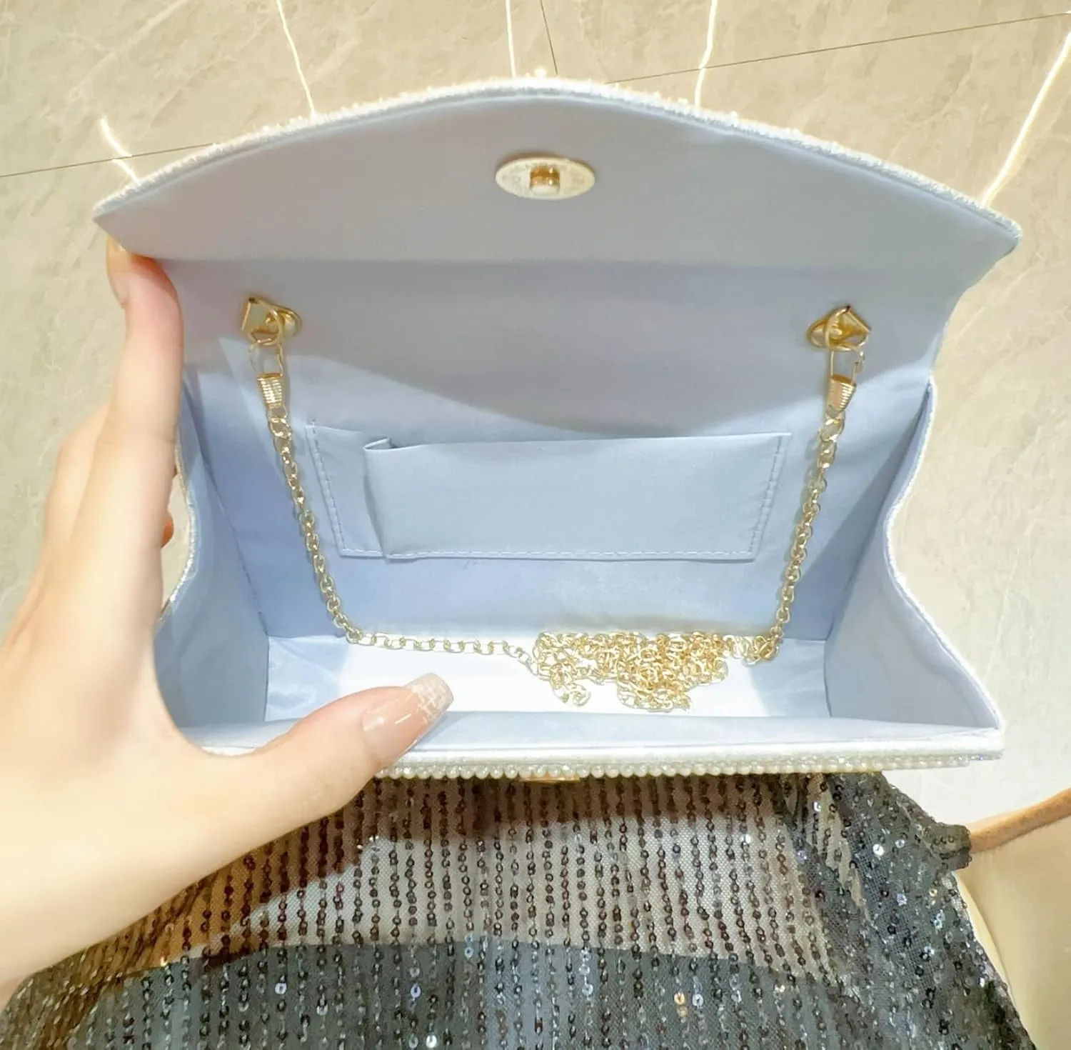 Pearl Clutch Purse for Women, Beaded Evening Handbag, Envelope Crossbody Shoulder Bag, Sparkly Top-handle Totes