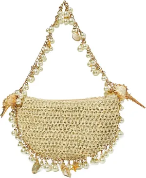 Pearl Straw Clutch Purse for Women Summer Vacation Purses Beach Evening Bag Beaded Shell Handbag