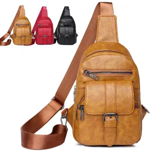Peicees Leather Sling Bag For Women Waterproof Crossbody Bag Chest Bag Fashionable Small Backpack Purse For Travel Hiking