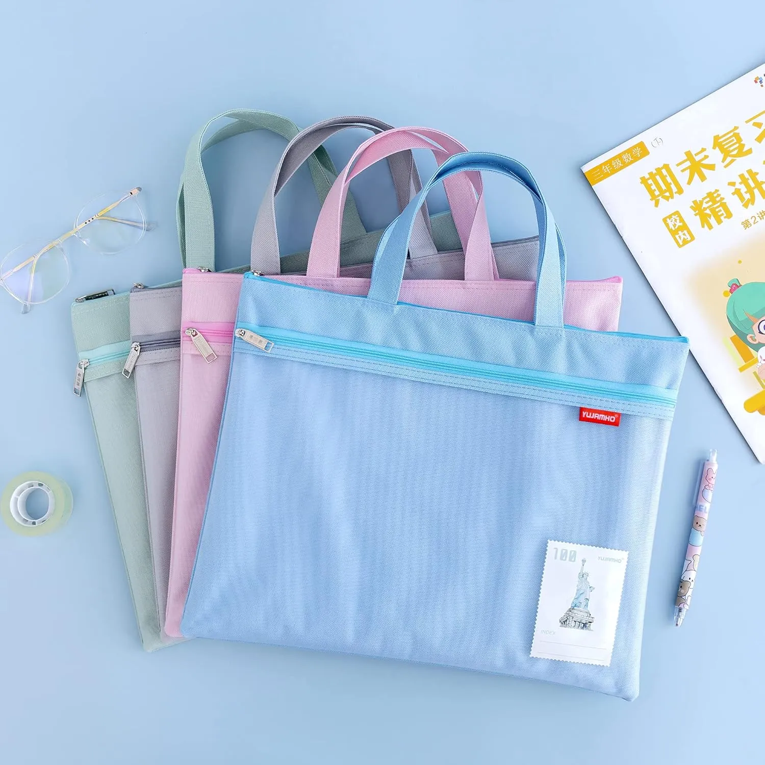 Pendancy Mesh Zipper Pouch 11x13.7 in, 2 pcs Large Double Pocket Waterproof File Bag with Handle, A4 Size Foldable Document Storage for Puzzle Project/Cross Stitch/Travel/Office（Blue Green）