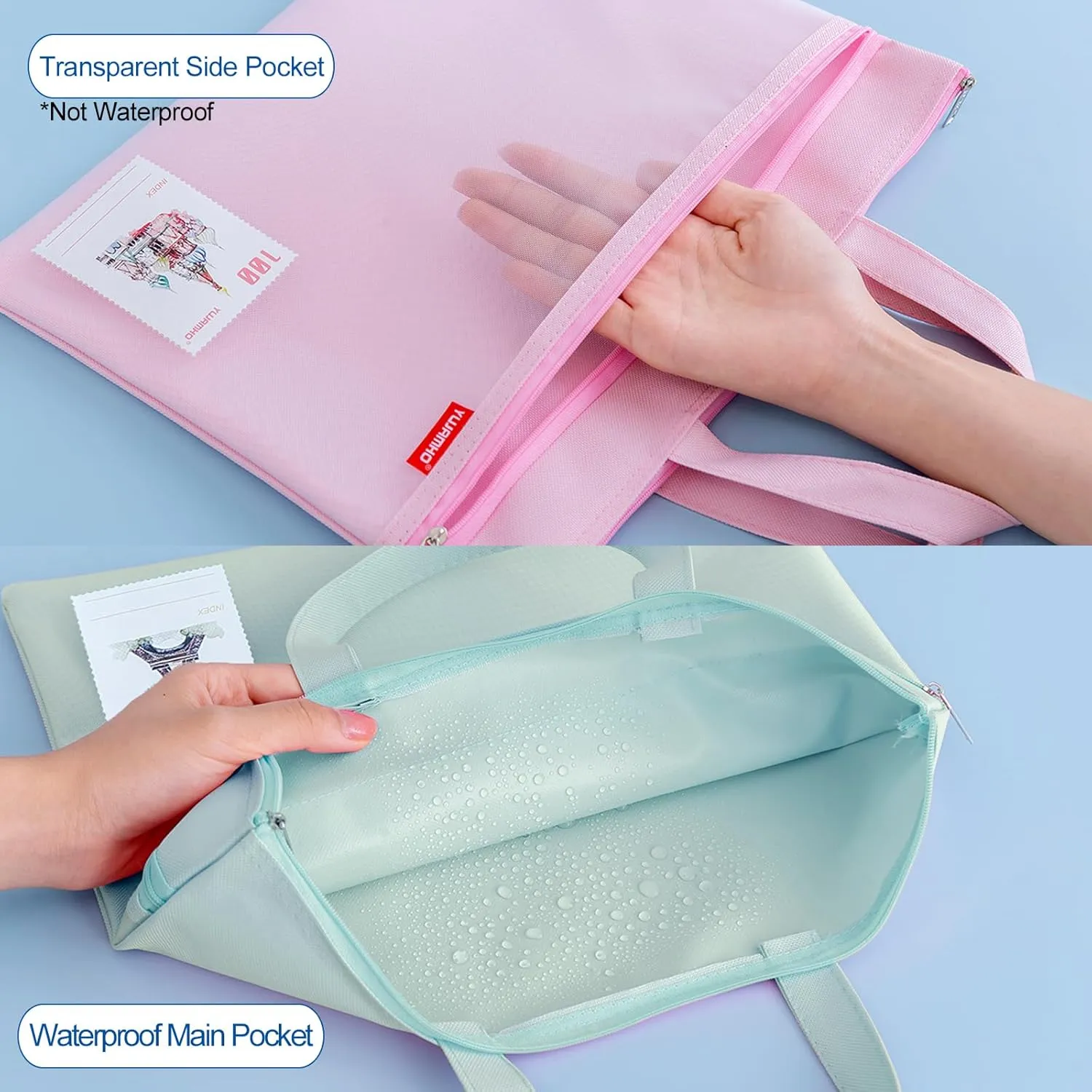 Pendancy Mesh Zipper Pouch 11x13.7 in, 2 pcs Large Double Pocket Waterproof File Bag with Handle, A4 Size Foldable Document Storage for Puzzle Project/Cross Stitch/Travel/Office（Blue Green）